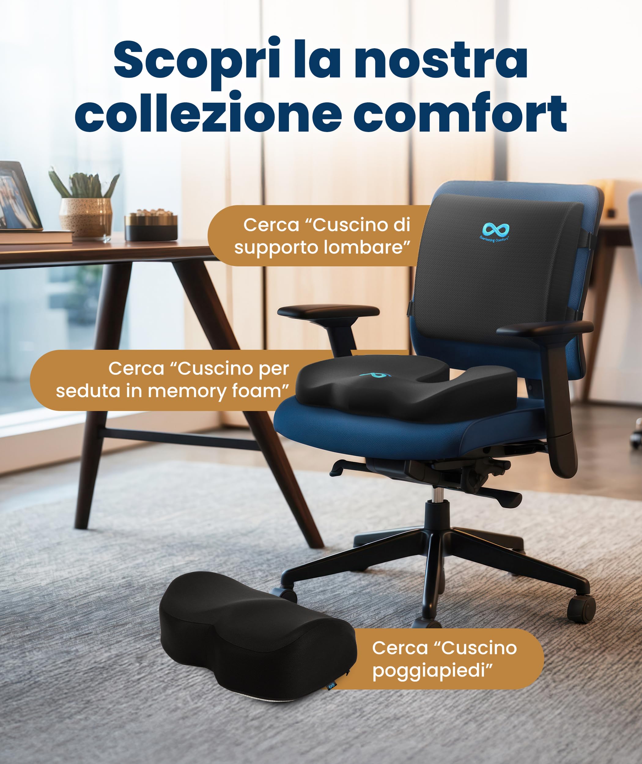 Everlasting Comfort Cuscino Lombare Memory Foam per Sedia Ufficio e Auto – Supporto Schiena Ergonomico, Sollievo Dolore Lombare, Migliora la Postura e il Comfort Durante Uso Quotidiano