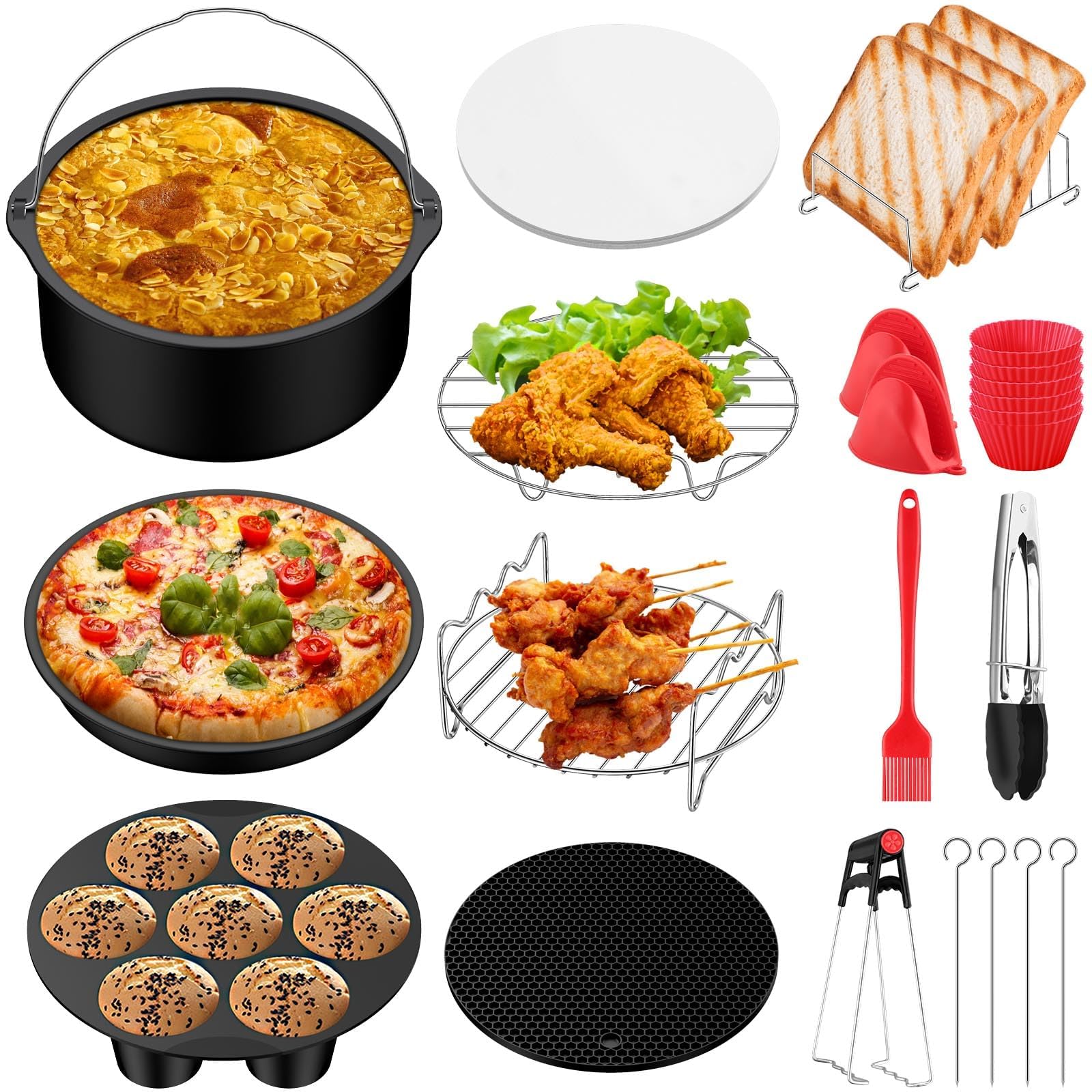 JiGiU Heißluftfritteuse Zubehör Set 13-IN-1 für 8 Zoll Airfryer Zubehörset BPA-Frei, geeignet für Luftfritteusen mit Durchmesser von über 20cm, inkl Kucheneimer Silikonmatte Backpapier uzw.