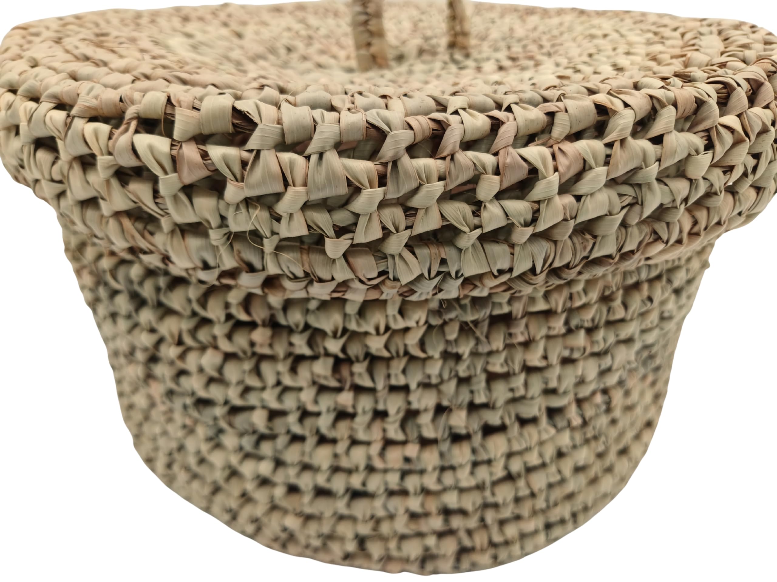 Cesta Redonda de Almacenamiento Marroquí, Fibras Naturales, con Tapa Tejida, Beige (Grande)