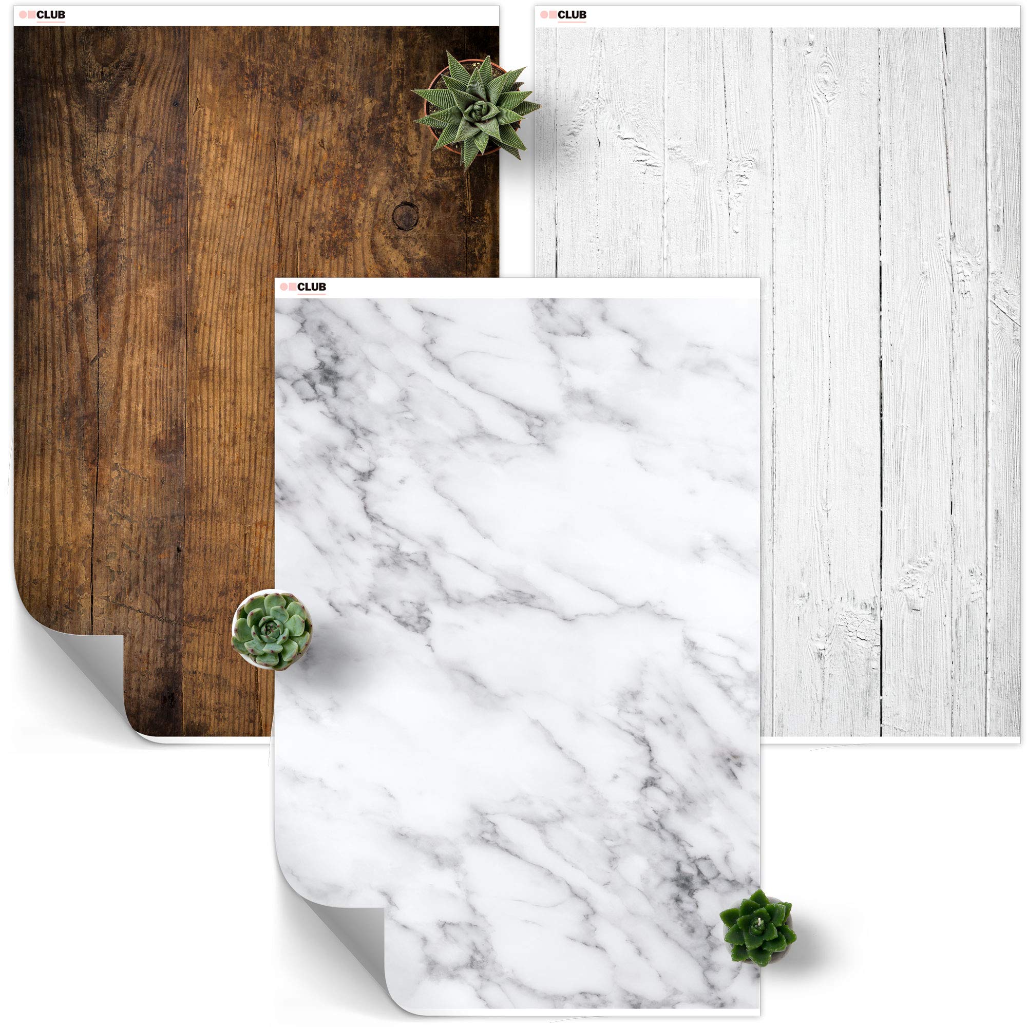 Vinyl Photography Backdrop 3-Pack for Product, Flat Lay & Food Photography - Natural Wood, White Wood & White Marble ~2 x 3ft / 23 x 35in