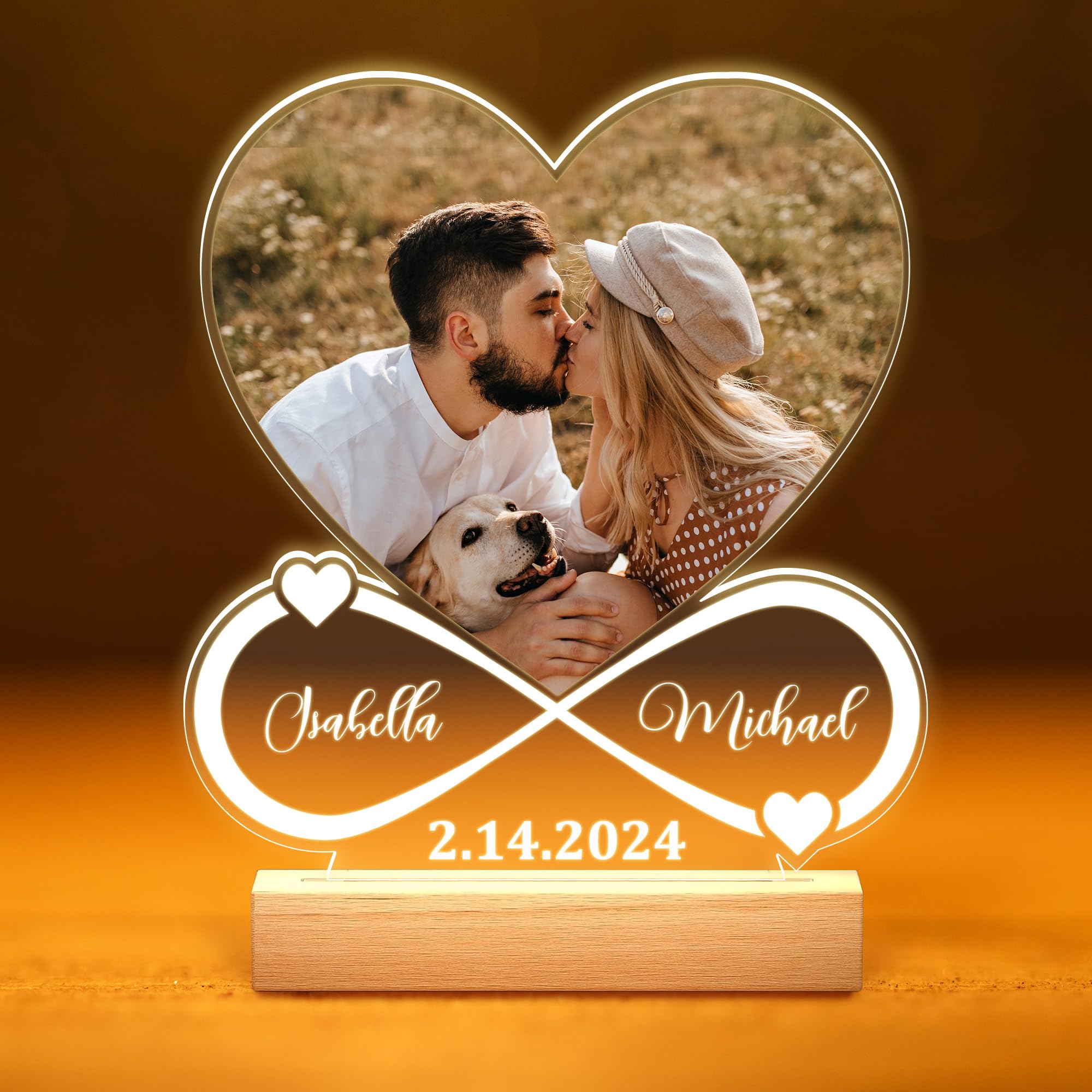 INSOACH Personalized for Couples, Custom Heart Picture Frame & Night Light, Acrylic Plaque, Perfect Christmas & Wedding Presents for Him & Her