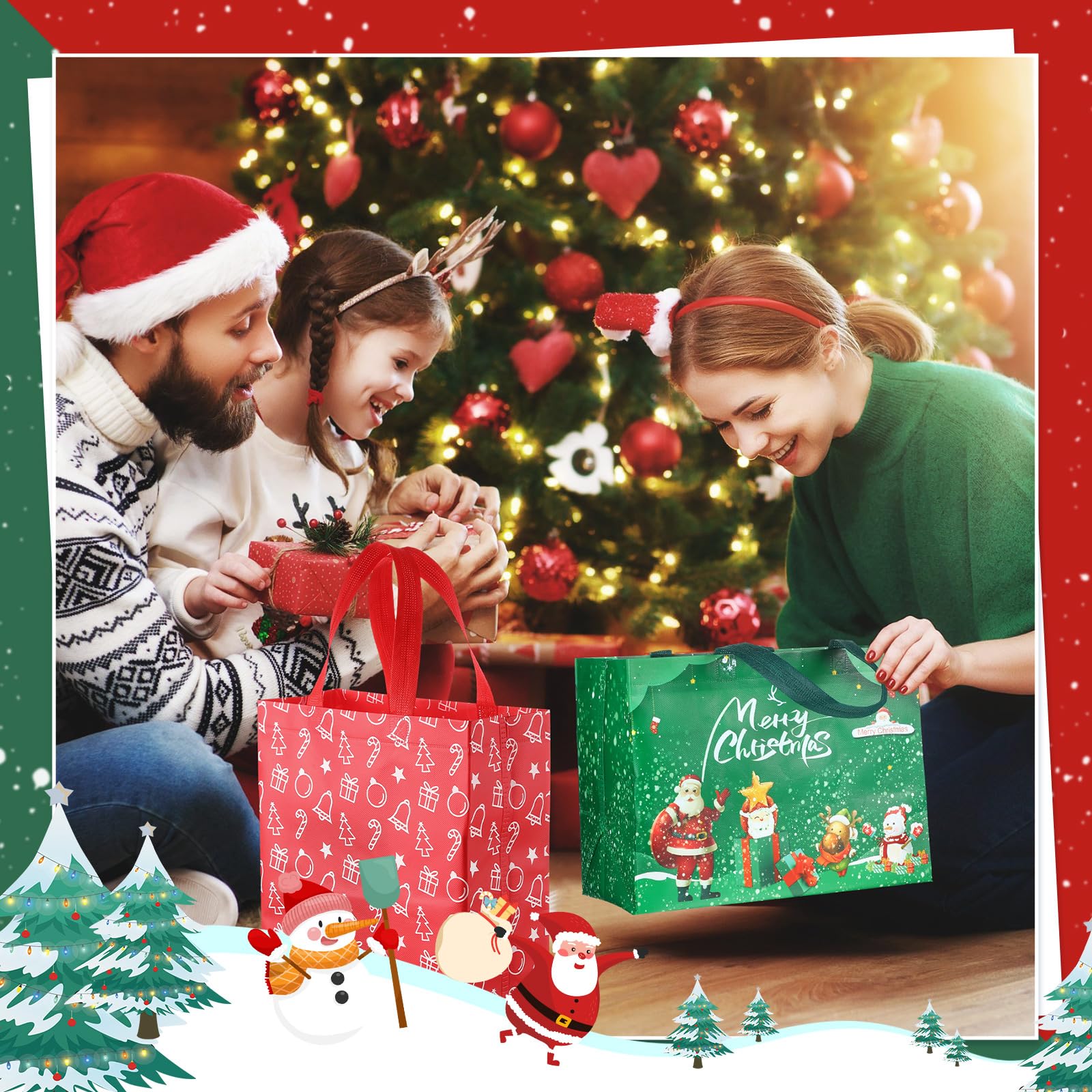 Xuniea Lot de 48 sacs fourre-tout de Noël avec poignées, sacs cadeaux de Noël multifonctionnels, non tissés, étanches, pour les fêtes de Noël, 32 x 25 x 17 cm, 30 x 25 x 11 cm
