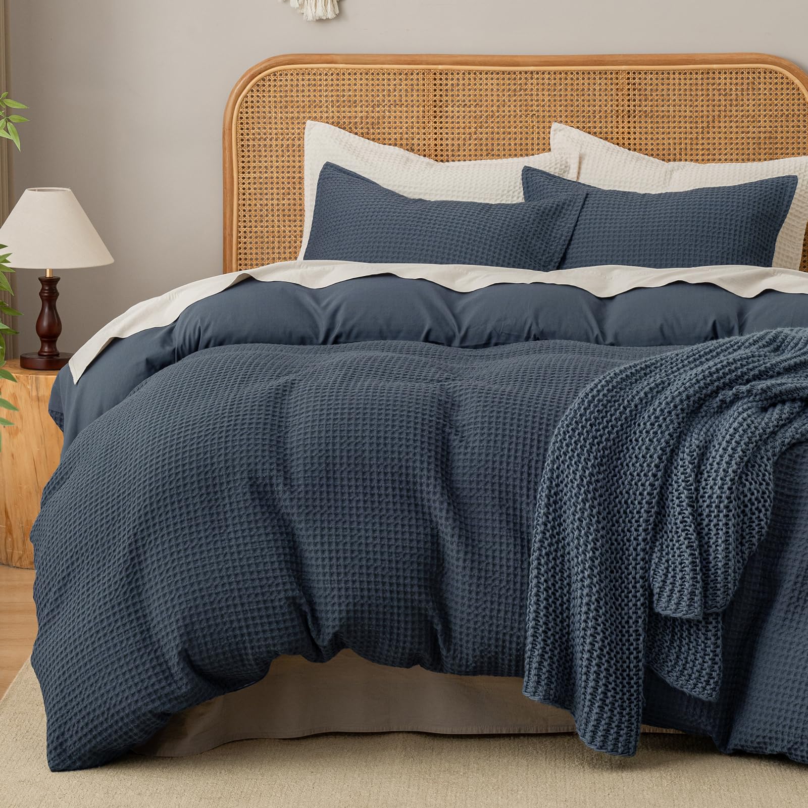 david's home waffle weave duvet cover set queen size,soft breathable 3pcs comforter cover set with 2 pillowcases,textured home decor bedding set cozy for all seasons, indigo 90"�90",no comforter
