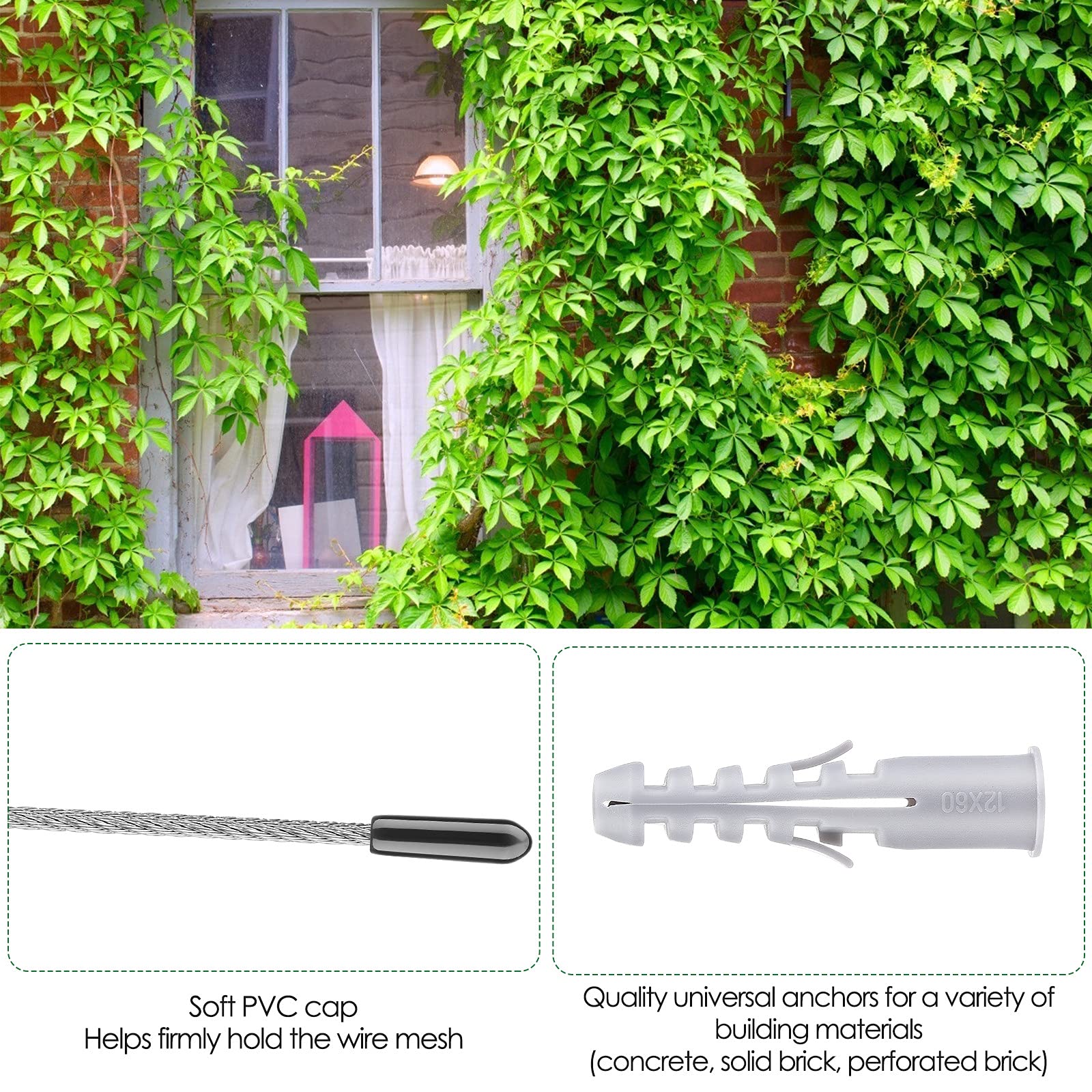 Support pour Plantes grimpantes Corde de 12 m, Support Treillis pour Plantes Grimpantes Kit avec Supports muraux et Corde de 3 mm, 8 Supports