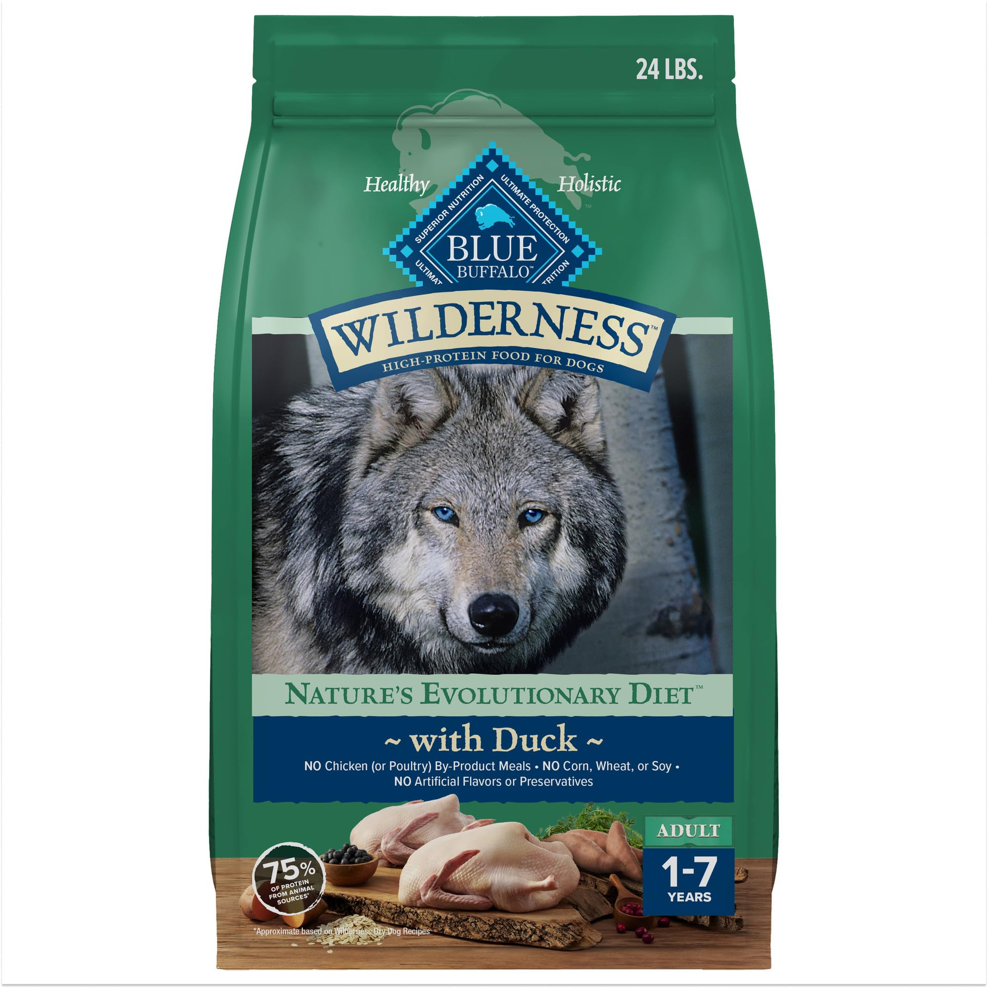 Blue BuffaloWilderness High Protein Natural Adult Dry Dog Food Plus Wholesome Grains, Duck 24 LB Bag
