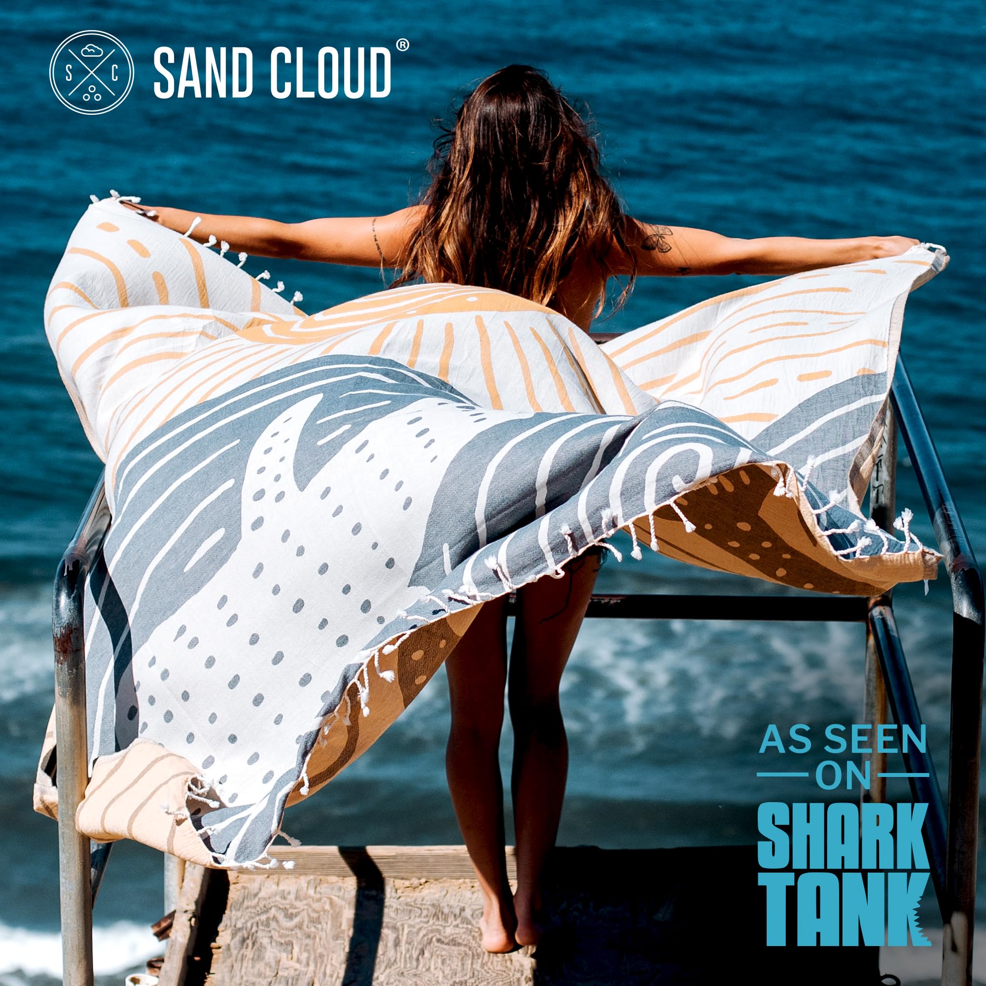 Sand Cloud Extra Large Turkish Beach Towel - 72x72 Inch, Sand Resistant, Quick Dry, Organic Cotton (Whale Shark Design)