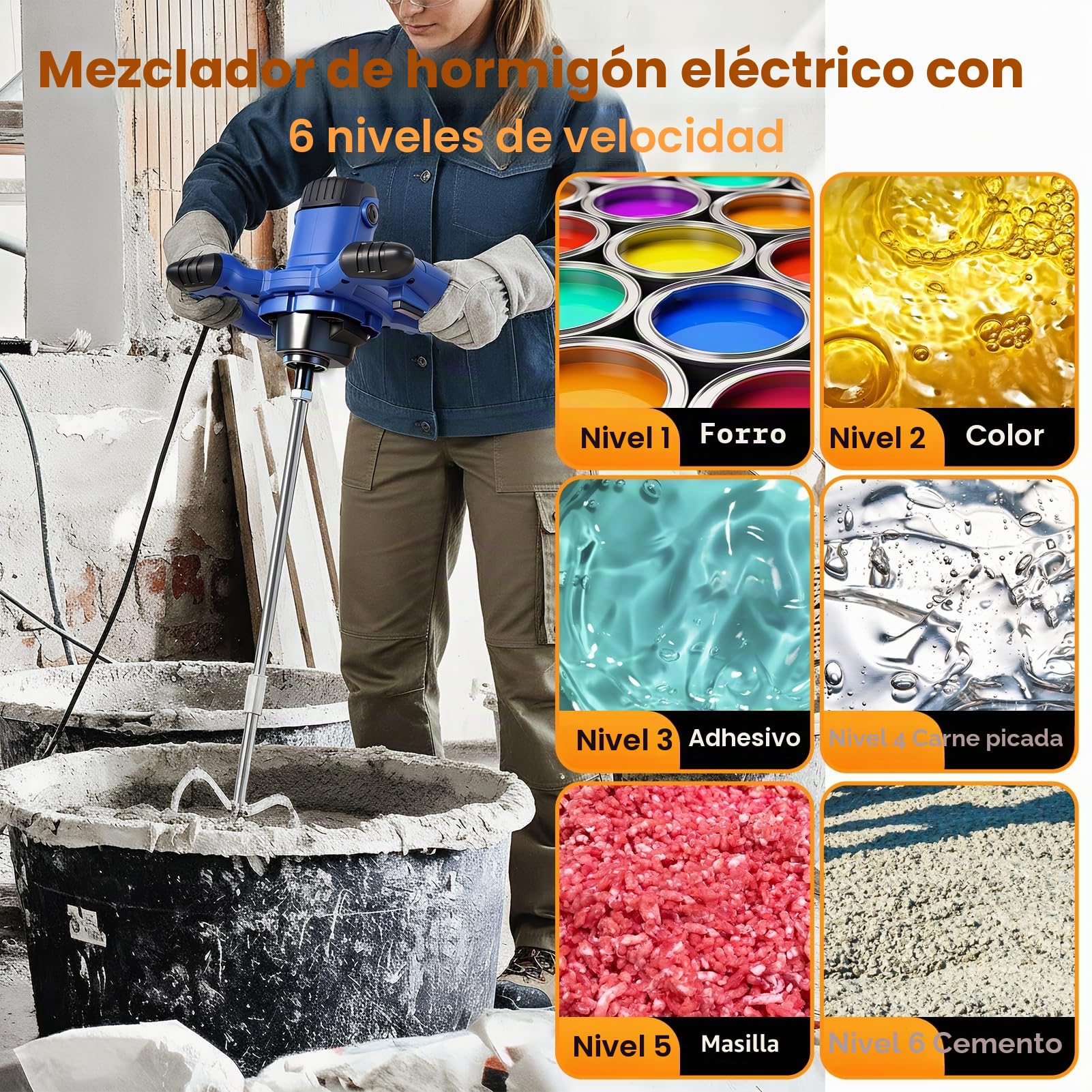 Mezclador de mortero, agitador de 3500 W, con electrónica de 6 velocidades, 0-1500 /min, caja de cambios de aluminio, alojamiento M14, agitador de 120 mm de diámetro para mezclas de hormigón