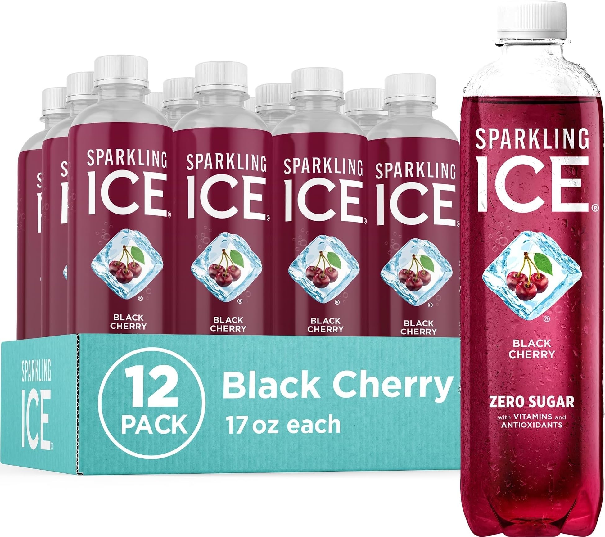 Sparkling Ice Black Cherry Sparkling Water, Zero Sugar Flavored Water, with Vitamins and Antioxidants, Low Calorie Beverage, 17 fl oz Bottles (Pack of 12)