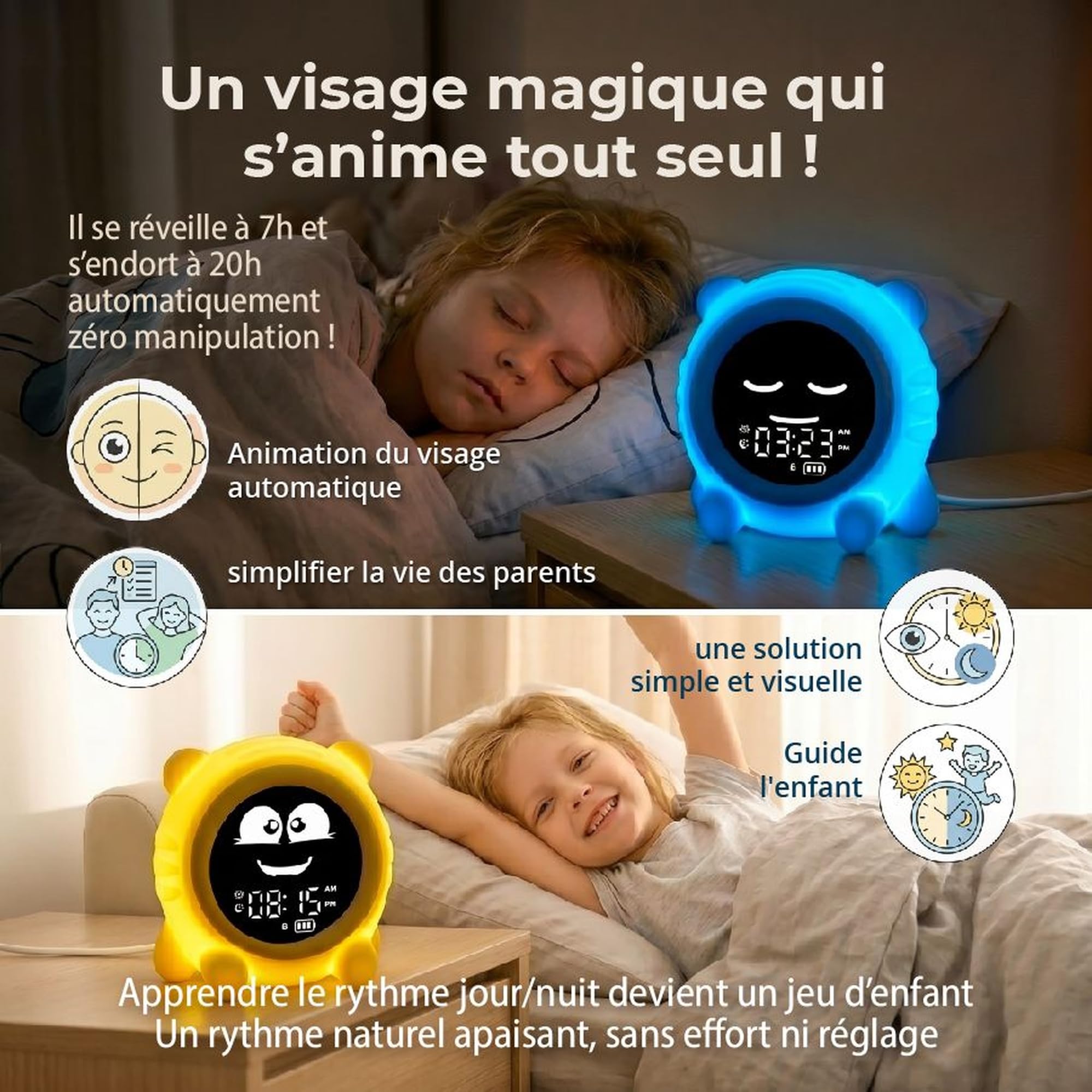 ANTIKOLOR Reveil Enfant éducatif Jour Nuit - Horloge Apprentissage Fille et Garcon - veilleuse bébé - dés 3 Ans