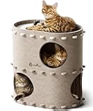 DownyPaws Cat House for Indoor Cats, 2-Storey Foldable Cat Bed Cave, Felt Cats Tunnel Bed Condo, Castle Kitten Cube Hideaway for Multicats, Scratch Resistant, Cream