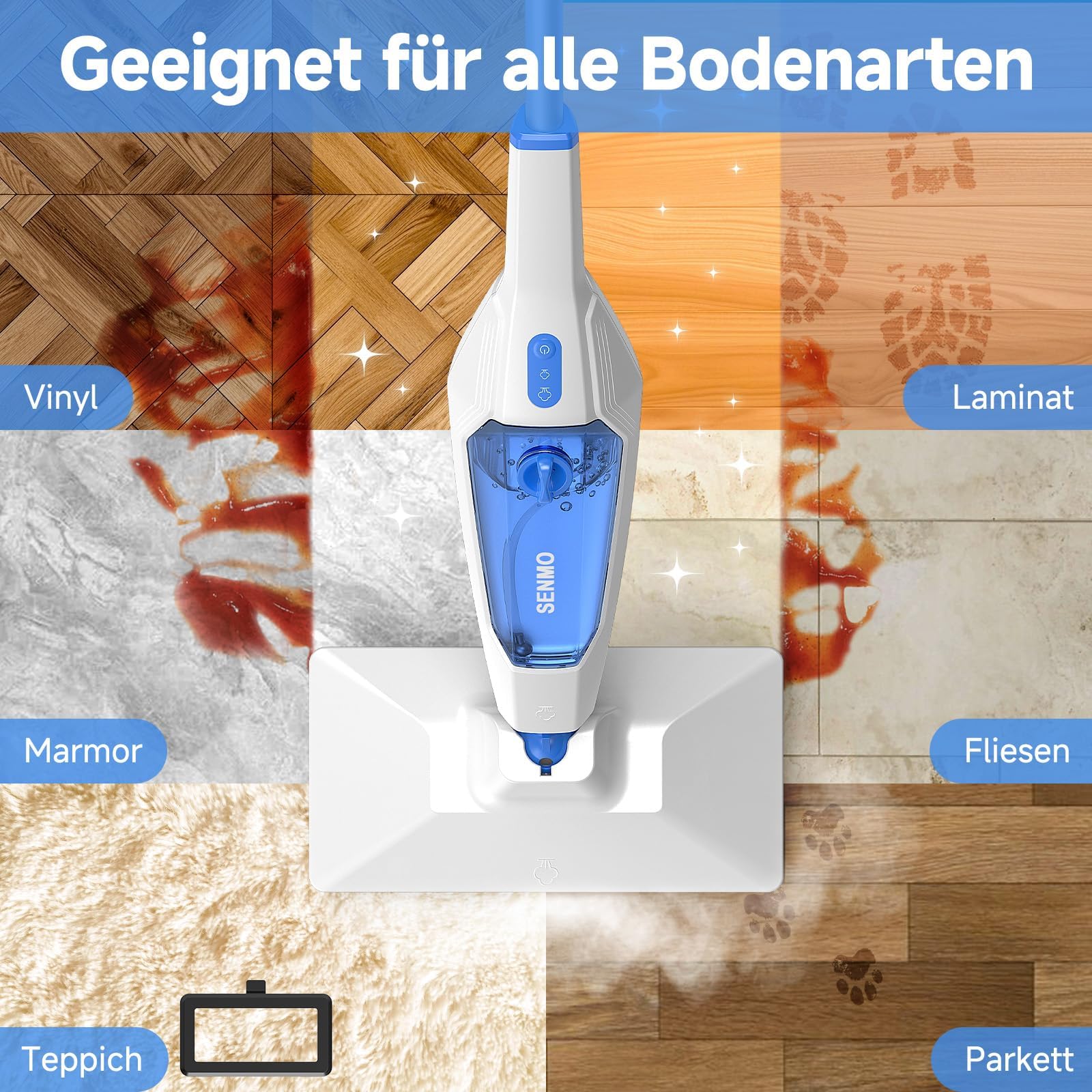 SENMO Dampfreiniger 10-in-1 mit abnehmbarem Handdampfreiniger, 15 s Aufheizzeit, 230°F Heißdampf, als Dampfmop mit Zubehör & 2 Pads, für Böden, Parkett, Fliesen, Fugen, Teppich, Küche & Bad