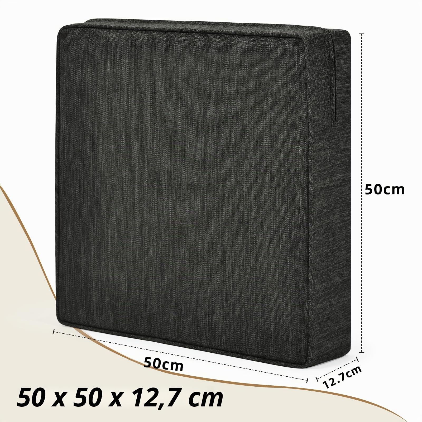 Grand coussin en mousse à mémoire de forme double couche pour chaises longues, canapés, fauteuils, coussins épais, 50 x 50 x 12 cm, noir
