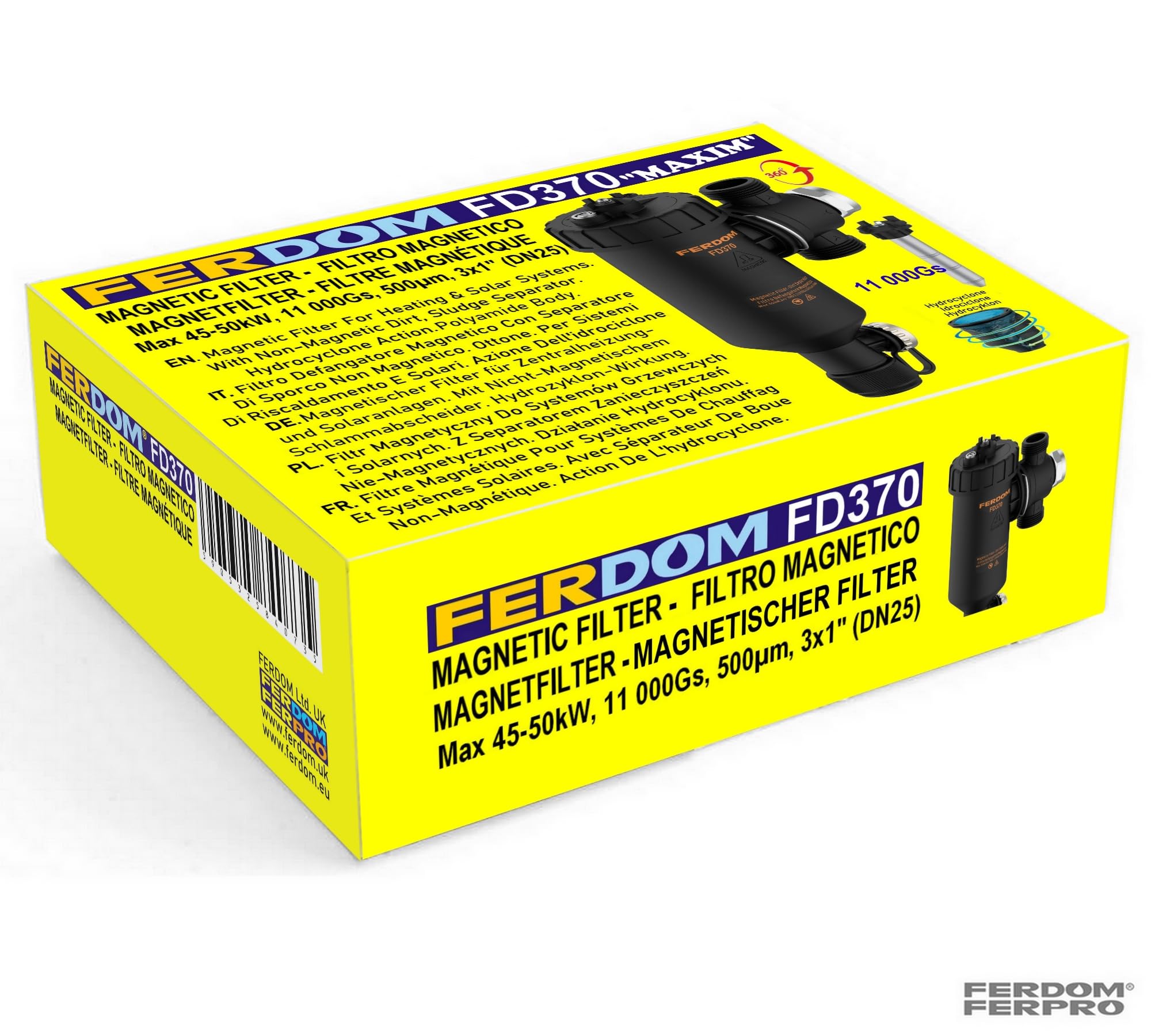FERDOM FD370 1" (DN25) Filtro Magnetico/Idrociclone Per Impianti Di Riscaldamento. Magnete 11000Gs. Separatore Di Particelle Non Magnetiche-Acciaio Inox 1000µm. Max.50kW. 3 Connessioni/Rotazione 360°