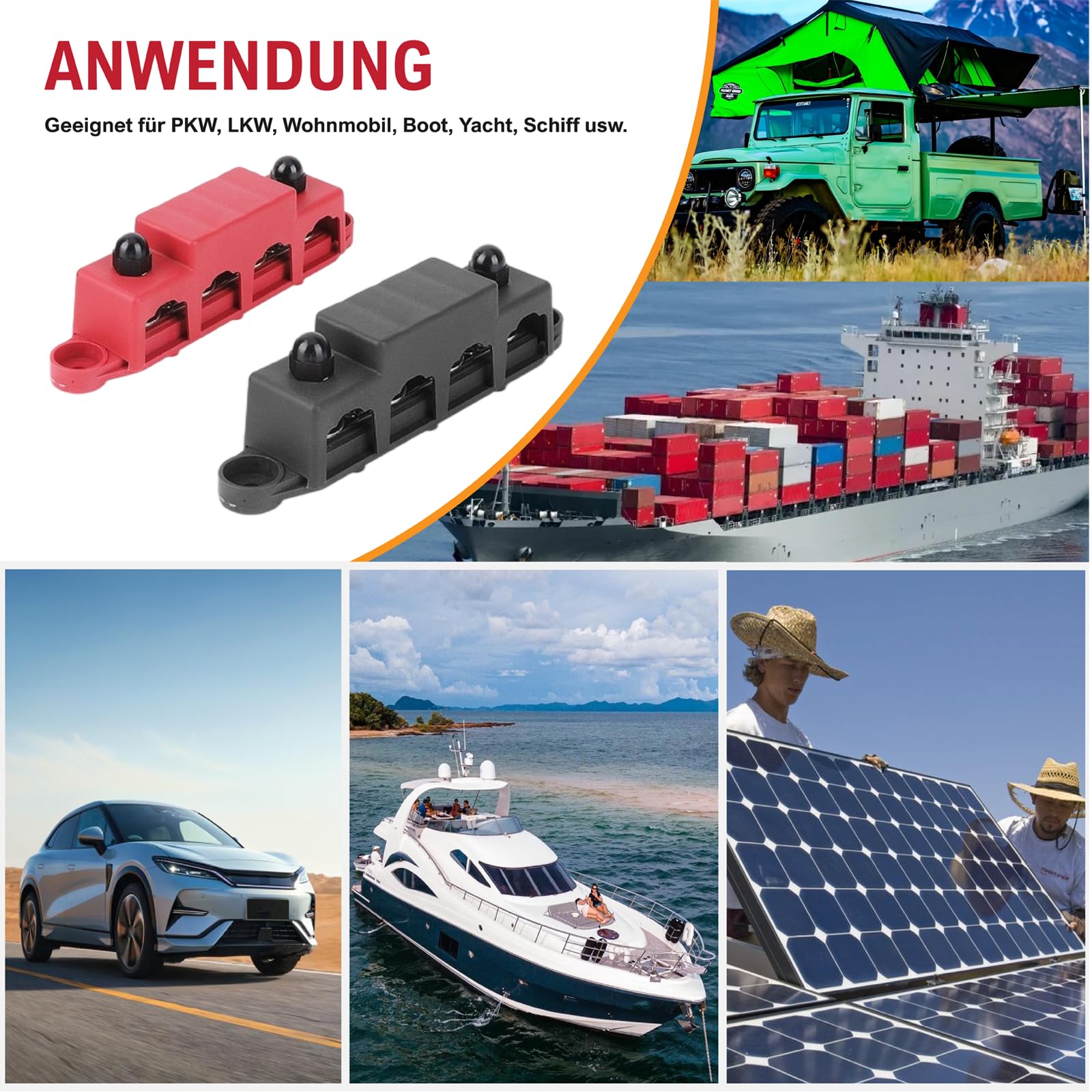 250A DC M8 Sammelschienen-Verteilerblock 12V-48V – 4x M8 Klemmenbolzen – Stromverteiler für Wohnmobile, Boote, LKW, Solaranlagen – Hochleistung