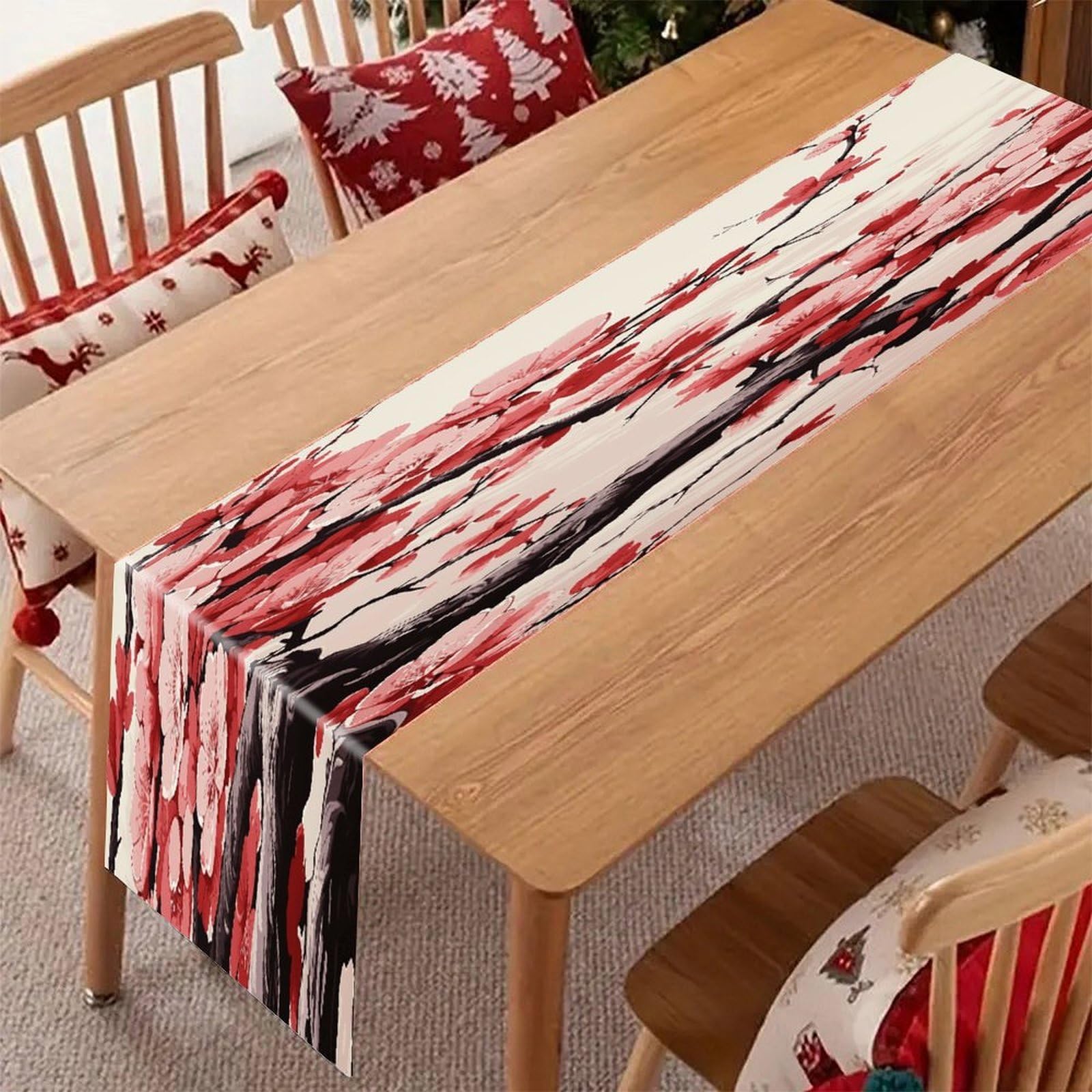 Japanese Floral Cherry Blossom Table Runner Vintage Linen Table Runners Seasonal Fall Winter Washable Kitchen Dining Table Decoration Long Table Runner Decor for Home Party 13 X 71 in