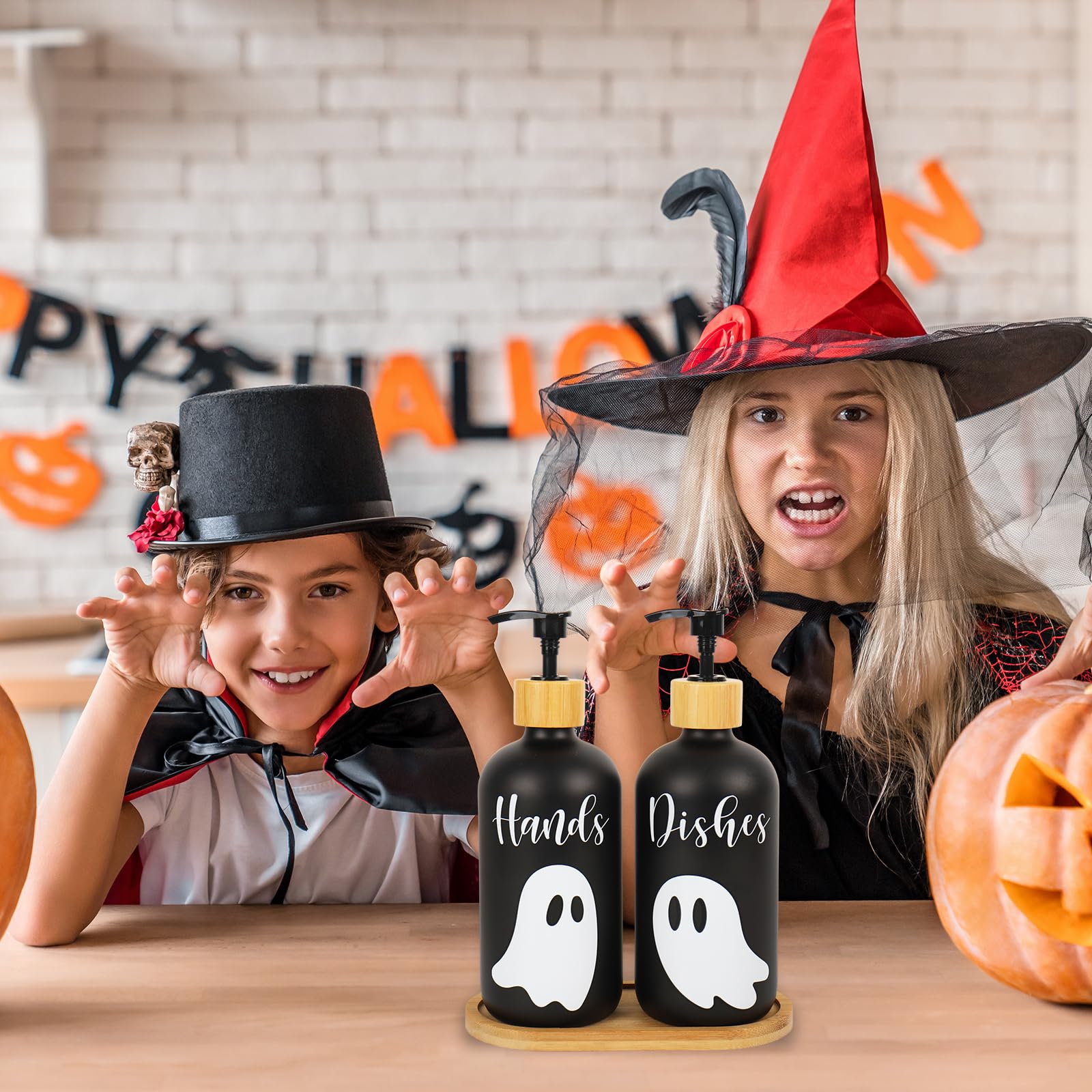 JarThenaAMCS Halloween-Seifenspender mit Pumpe, 473 ml, nachfüllbar, schwarzer Flüssigseifenbehälter für Küche, Badezimmer, 2 Stück