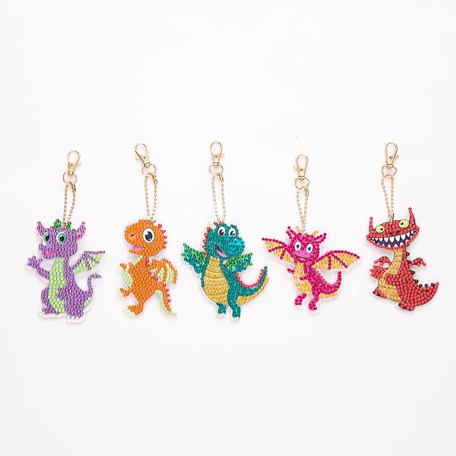 5 Pcs 5D DIY Dinosaur Diamond Art Painting Keychains, Double Sided Full Drill Diamond Art Keyrings Pendants, Diamond Rhinestone Mosaic Painting Key Rings Chains Making Kits for Kids Children Gifts
