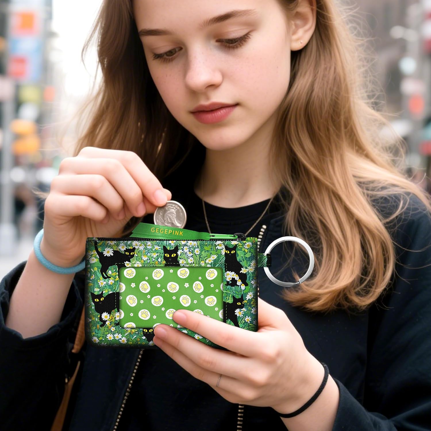 ID Case Keychain Wallet with Lanyard Minimalist Water Resistant Small Coin Pouch with Clear ID Window Cute Zipper Coin Pouch-Black Cat Floral Wallet Keychain - Image 5