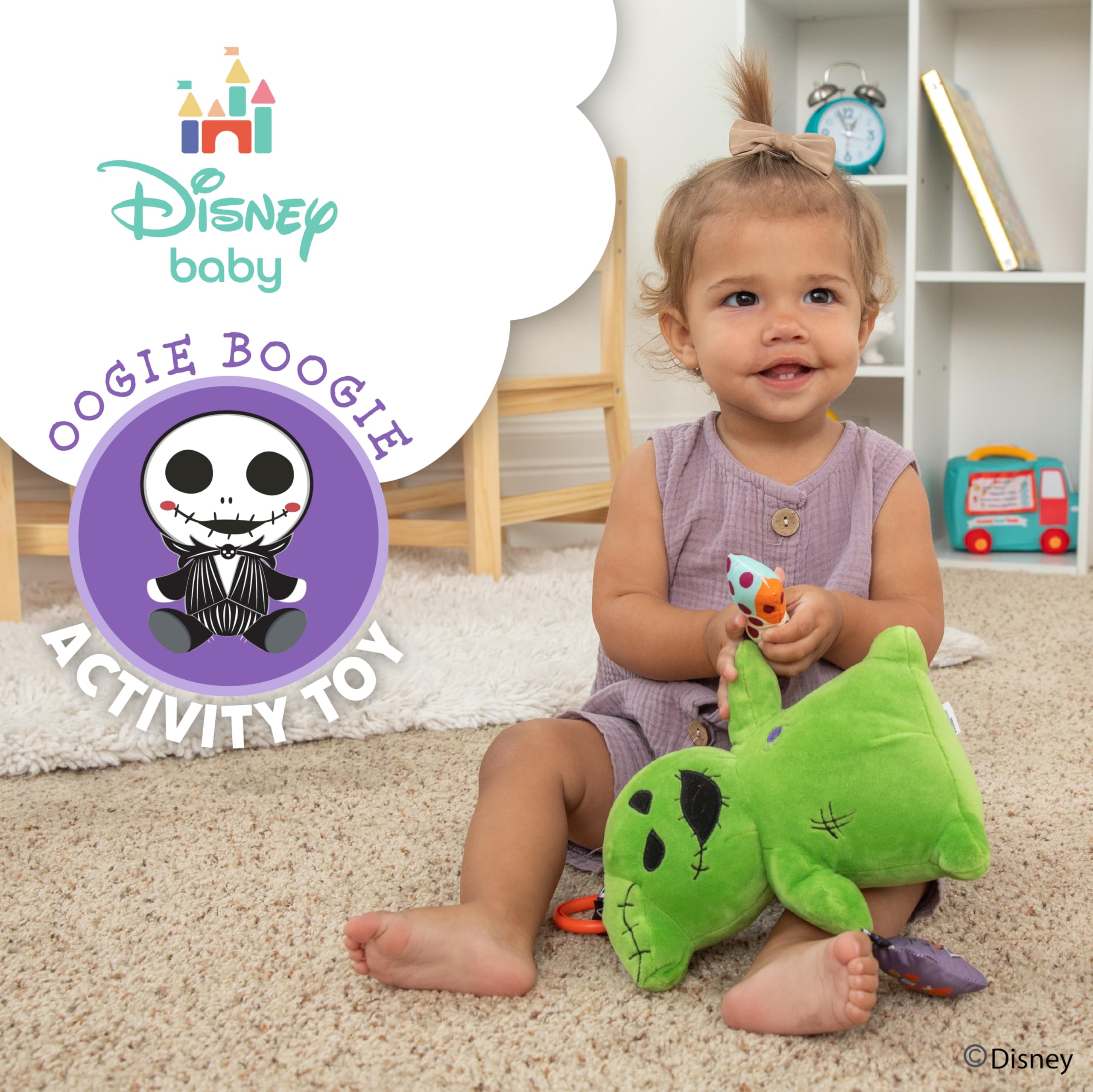KIDS PREFERRED Disney Baby Nightmare Before Christmas Oogie Boogie On The Go Activity Toy with Teether, On The Go Clip, Bell Chime, and Pull Through Arms
