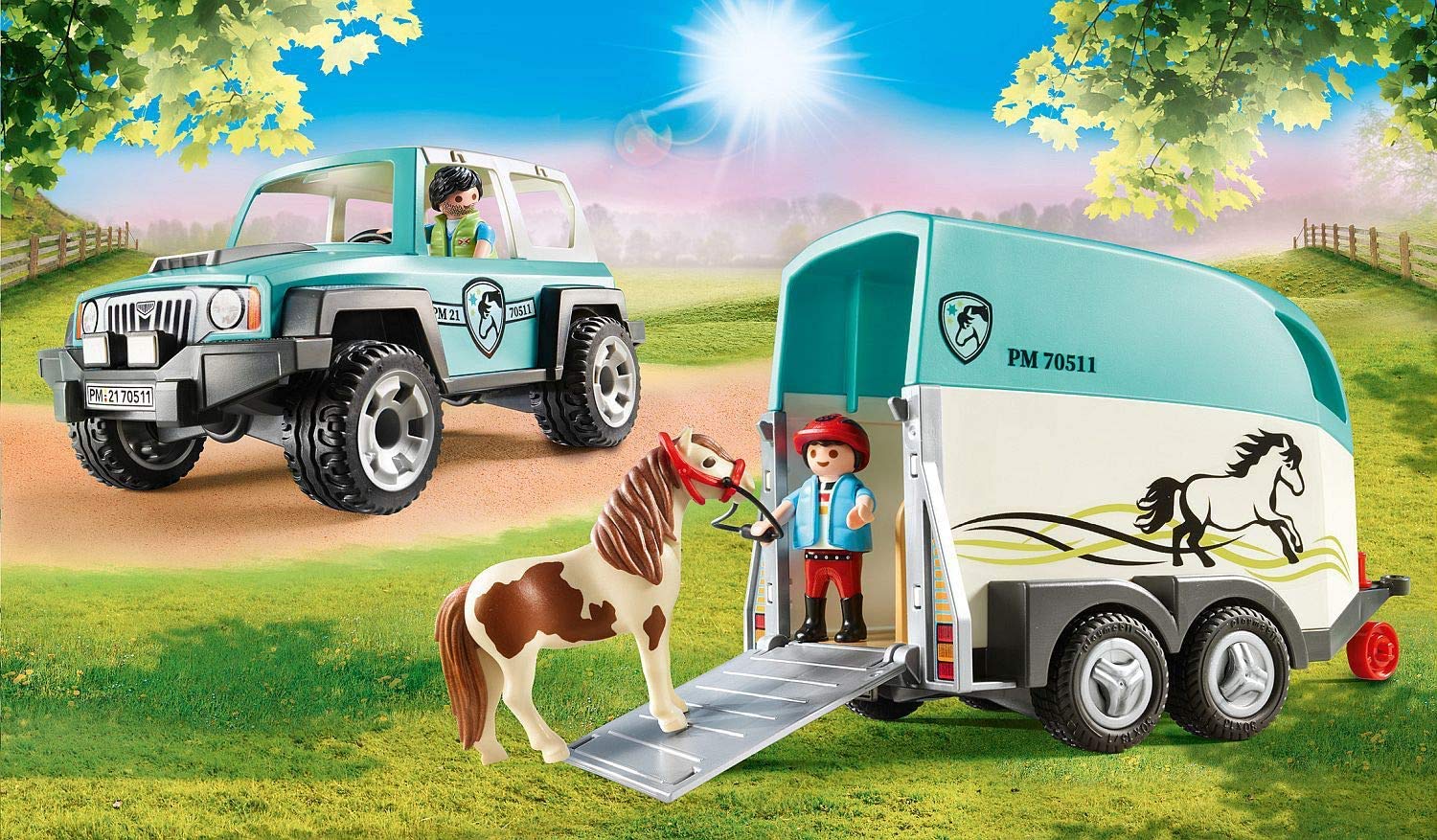 PLAYMOBIL Country 70511 Coche con Remolque para Poni, Juguetes para niños a Partir de 4 años