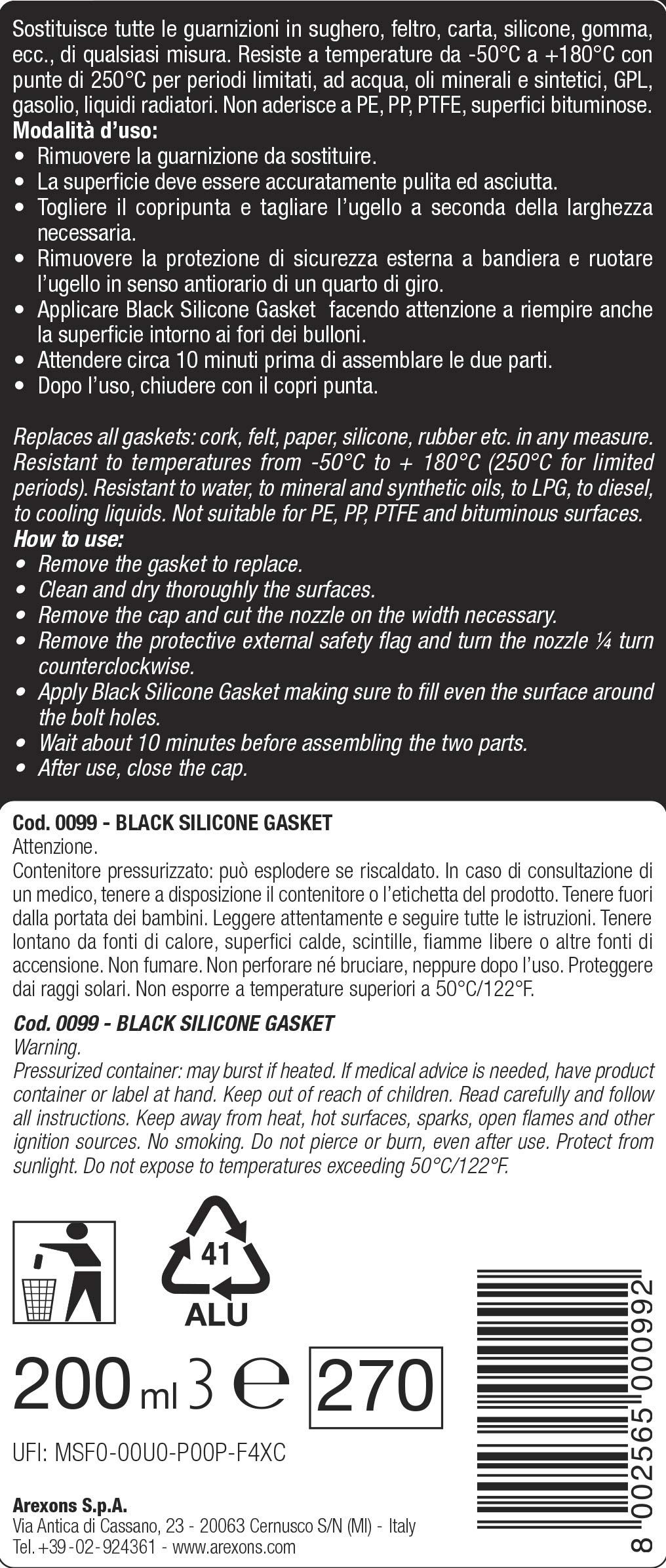 AREXONS 0099 GUARNIZIONE SILICONICA BLACK GASKET NERO ML.200, 0