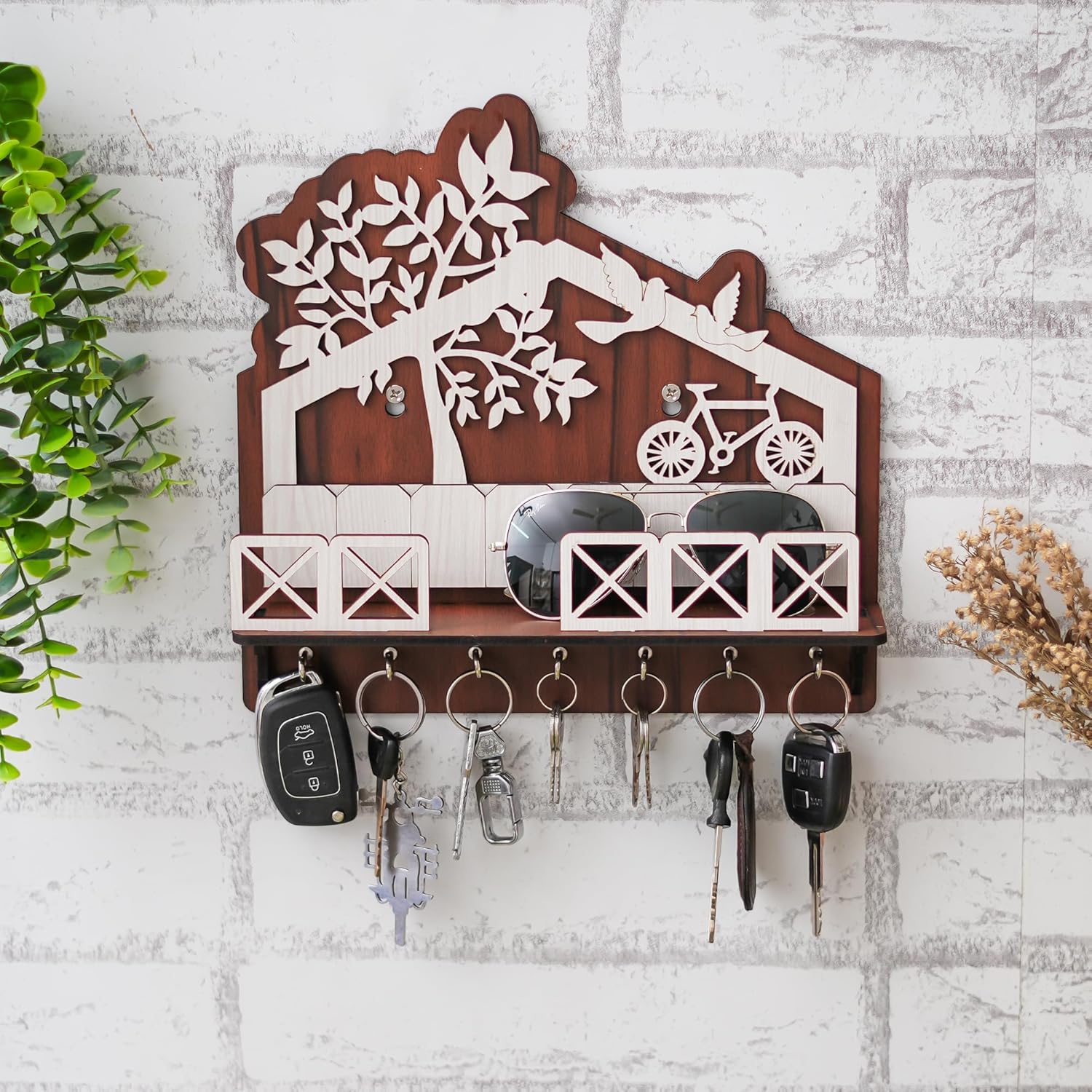 Webelkart Antique Wooden House Keys Hanger for Wall Decor Key Holder with Mobile Charging and Remote Stand for Home/Office Decor, Key Holder for Wall Decor – Diwali Decorations Items for Home