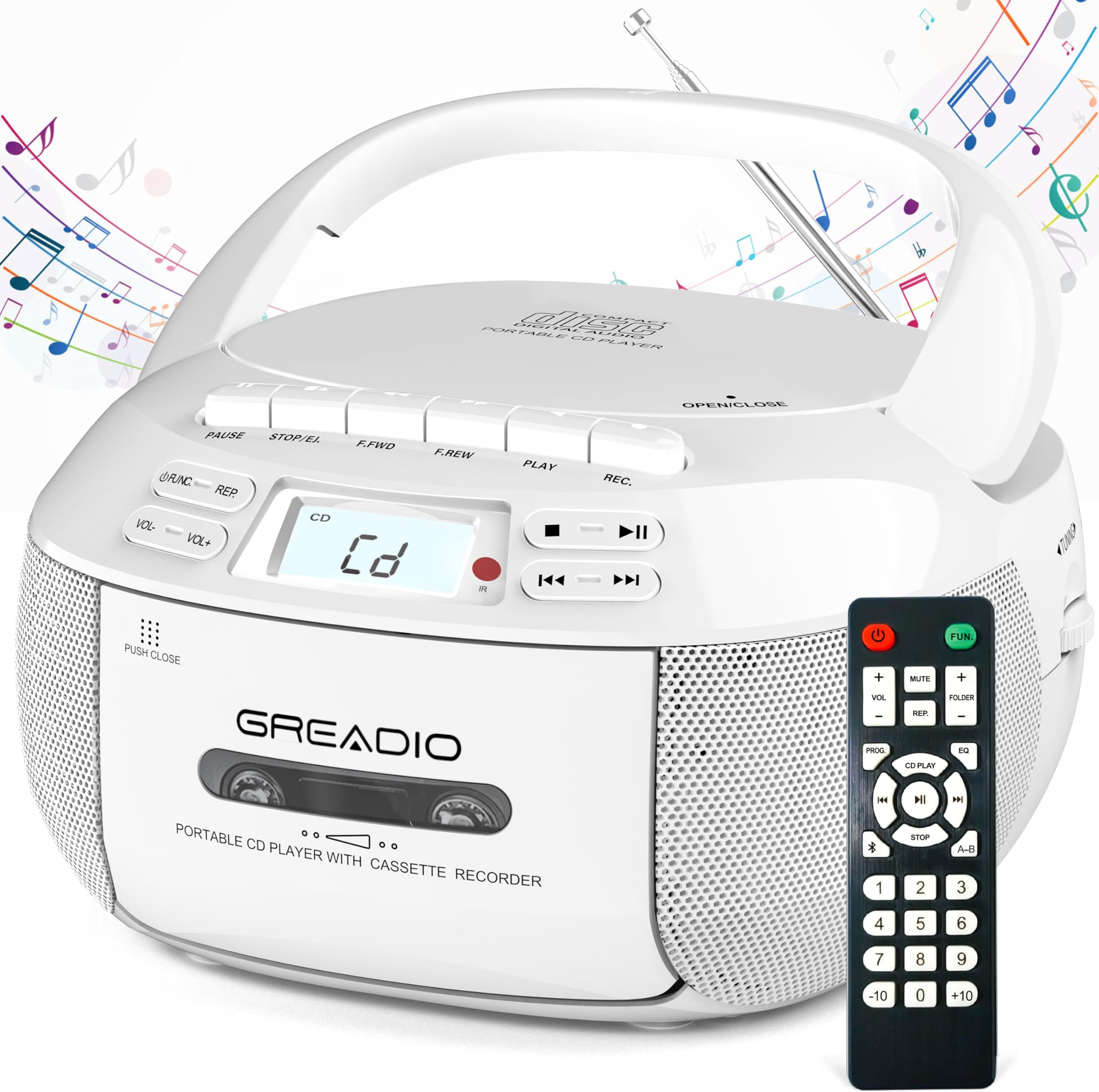 Greadio CD Player Boombox Cassette Player Combo with Bluetooth,AM/FM Radio,Stereo Sound with Remote Control,AUX/USB Drive,Tape Recording,AC/DC Powered,Headphone Jack,LCD Display for Home,Kids,Gift