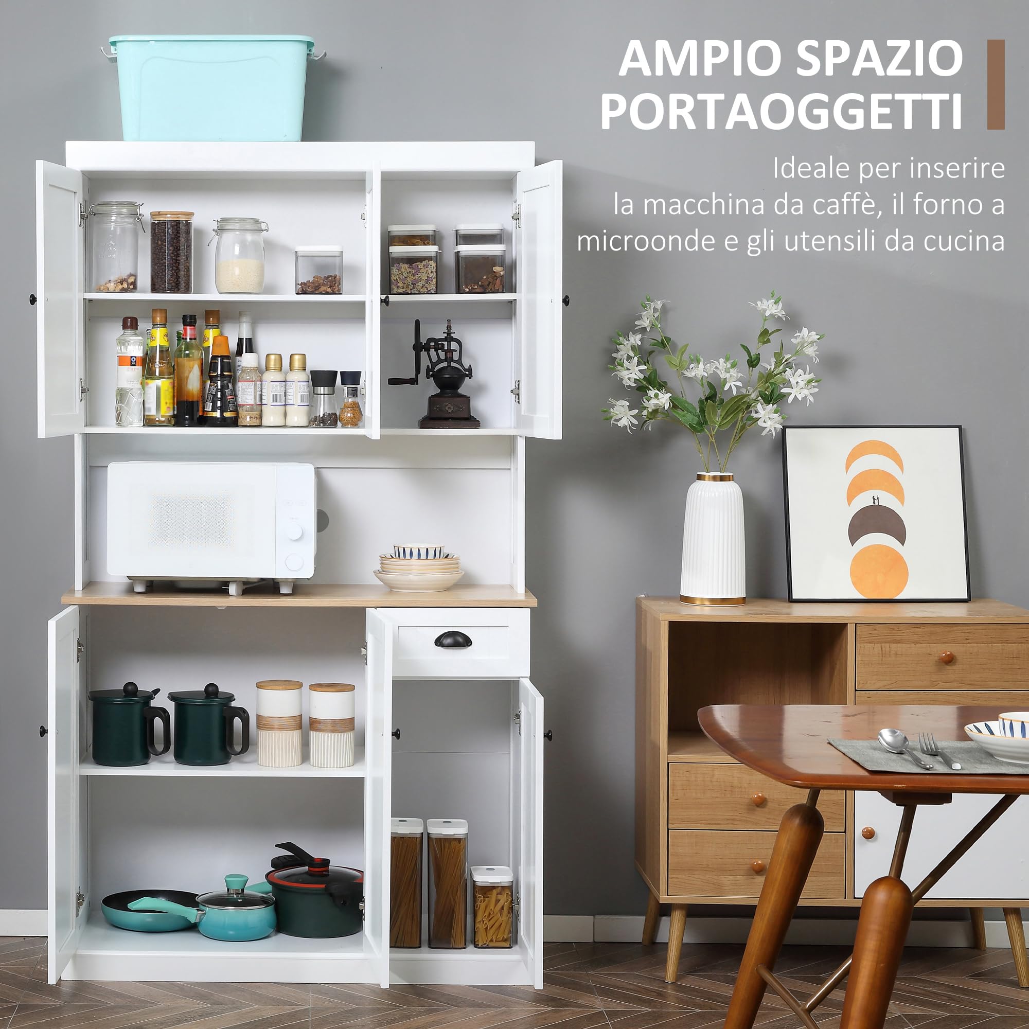 HOMCOM Credenza Cucina Alta con Armadietti, Cassetto e Piano Portamicroonde, Mobile Dispensa Stretto con Ante e Ripiani Regolabili, per Soggiorno, Sala da Pranzo, 101x39x180cm, Bianco