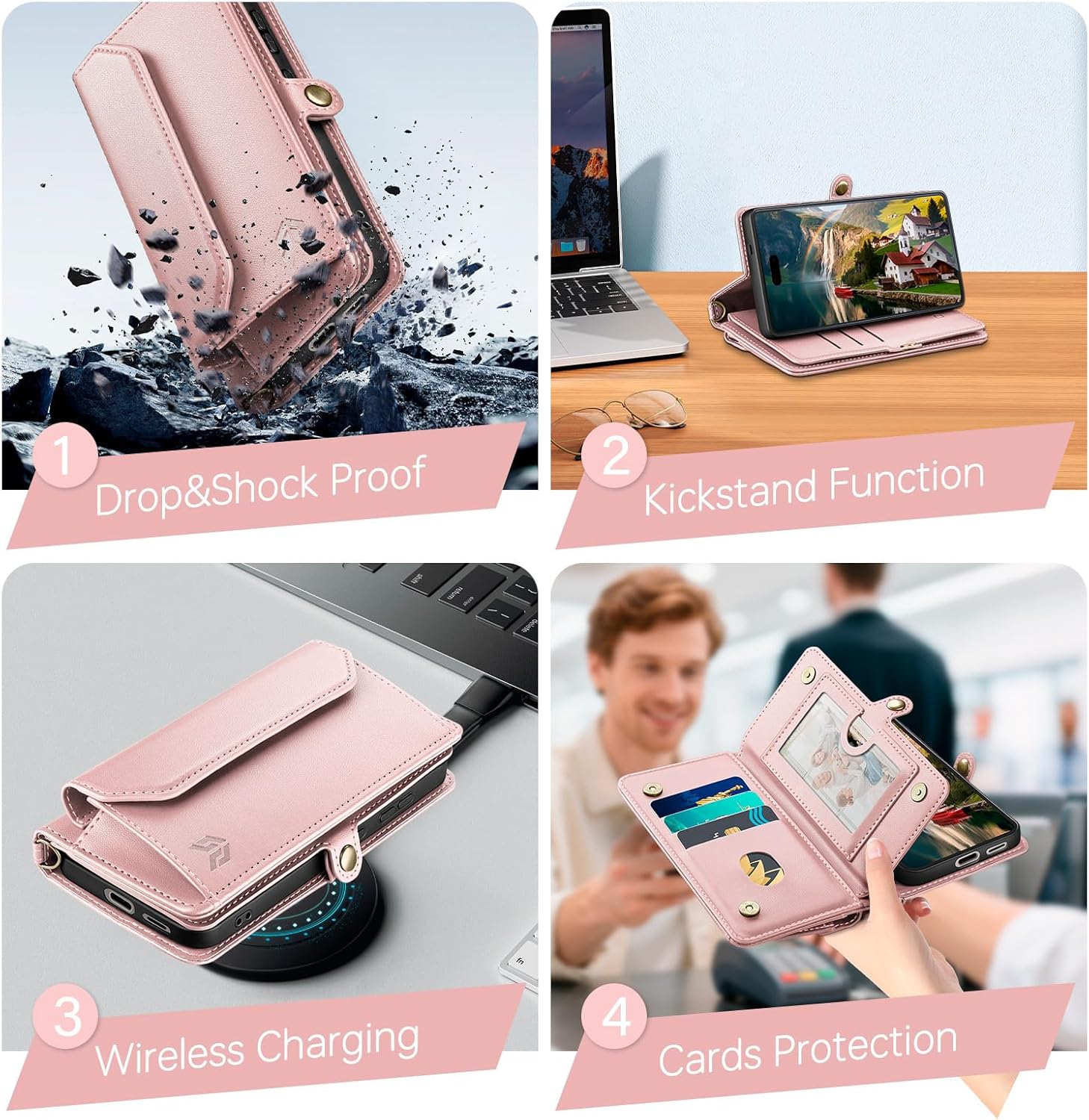 DJBull for iPhone 17 Pro Max 6.9" Wallet Case with Card Holder, Shoulder and Wristlet Straps, Soft PU Leather, Magnetic Snap, Flip Phone Case for Women Men for Apple 17 Pro Max Rose Gold - Image 6