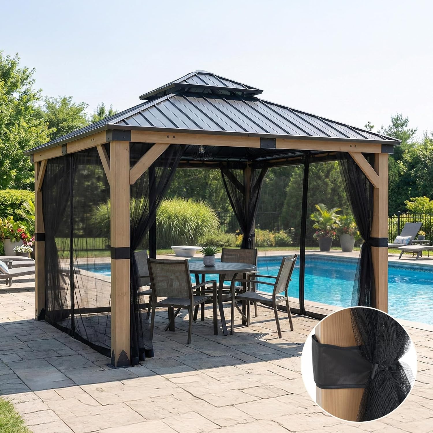 COWVIE Gazebo Replacement Mesh Netting, Durable Polyester Screen - 10'x10' Size, 4-Panel Sidewalls with Double Zippers for Patio & Outdoor (Netting Only)