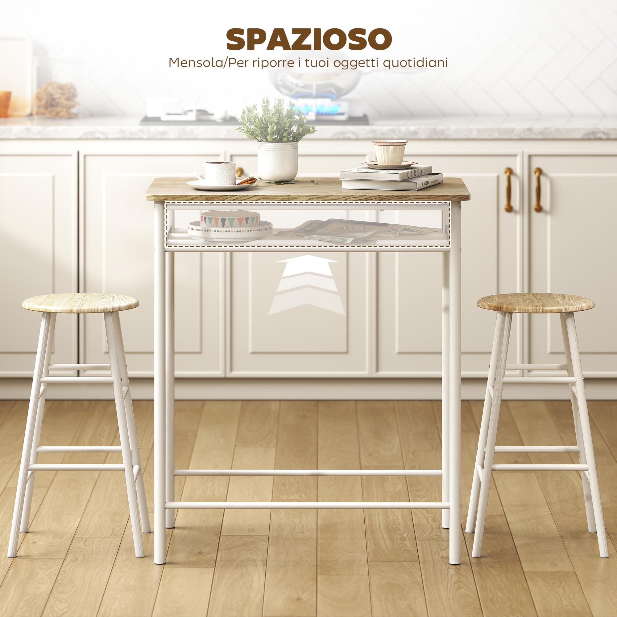 HOMCOM Set Bancone Bar con 2 Sgabelli Alti in Legno Stile Nordico, Tavolo Alto con Mensola e Sgabelli Cucina con Poggiapiedi, Bianco