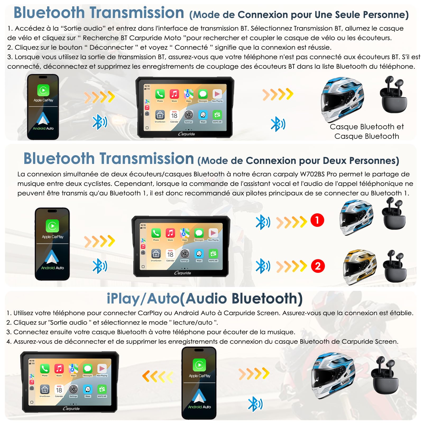 Carpuride W702T Pro Moto Carplay Écran avec TPMS Système, sans Fil Carplay et Android Auto, Portable 7" Étanche Tactile Écran, Double Bluetooth, Interphone Fonction, Navigation, Boussole, Baromètre.