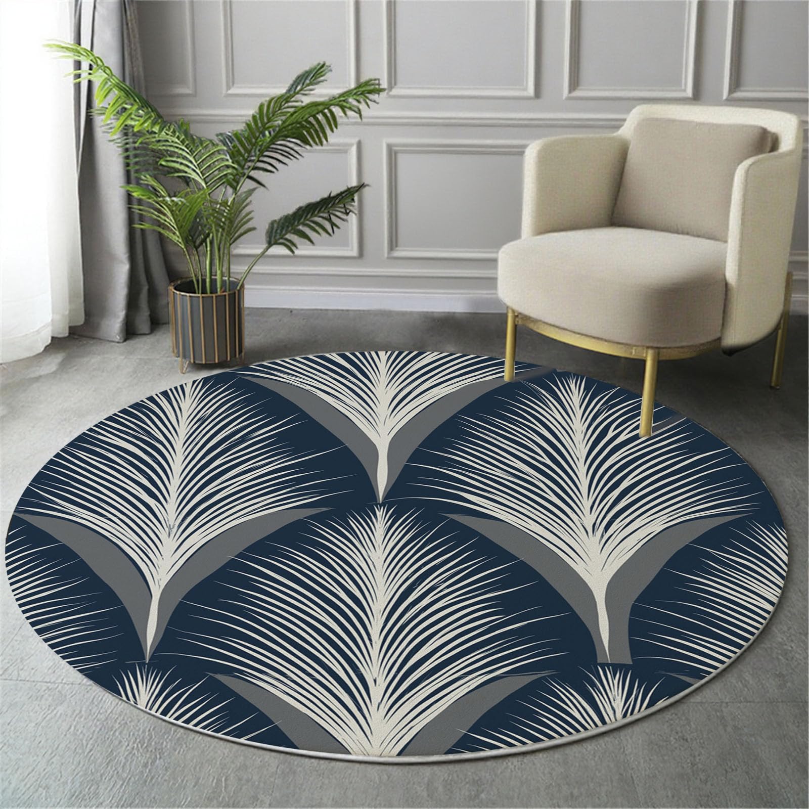 Tapis rond antidérapant de qualité supérieure motif géométrie et palmier bleu marine 120cm