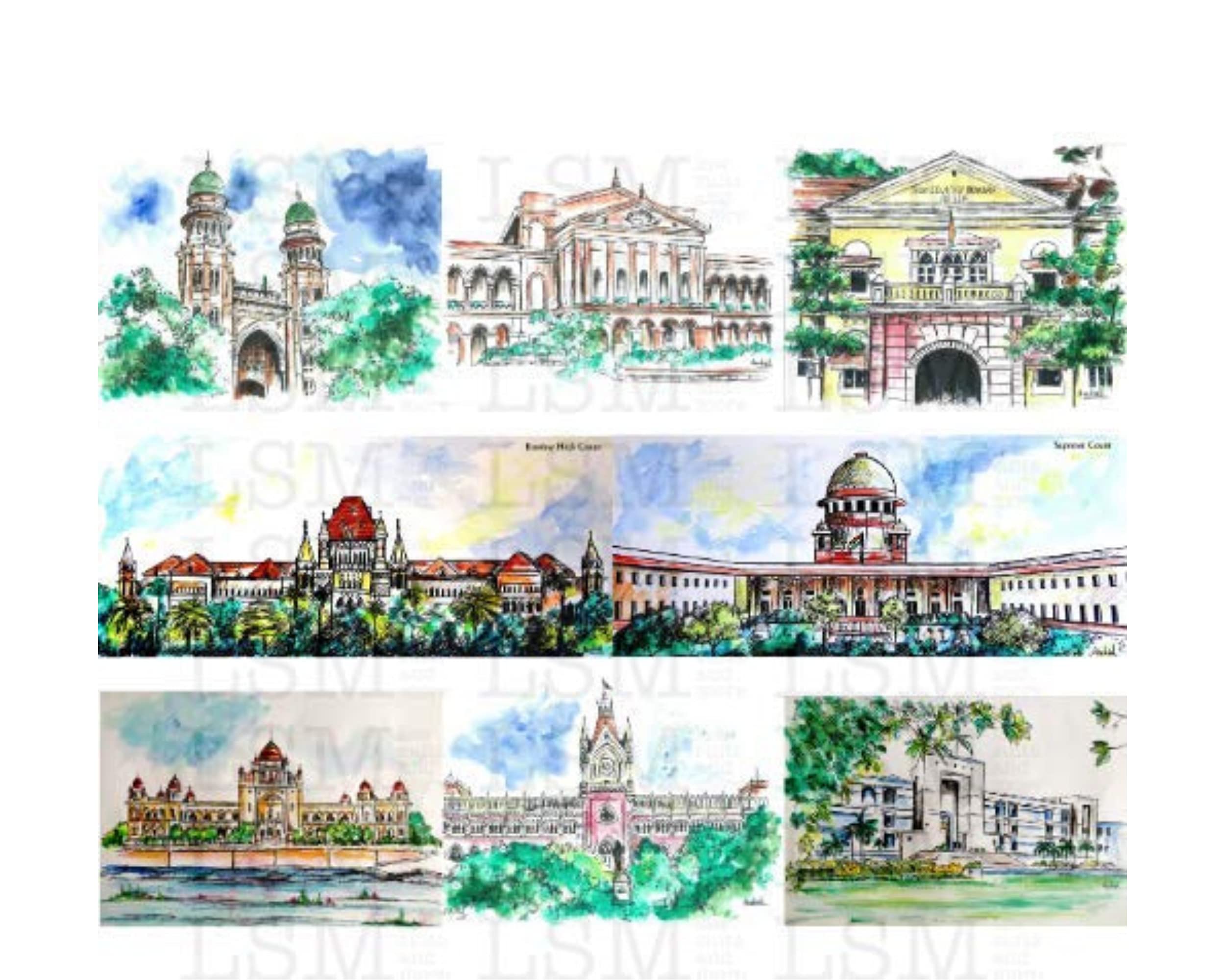 Lawyer Wall Art, Lawyer Office Decoration Art Prints, Advocate Poster, Courts of India - Set of 8 Prints Colored - Art Work Prints (Unframed)