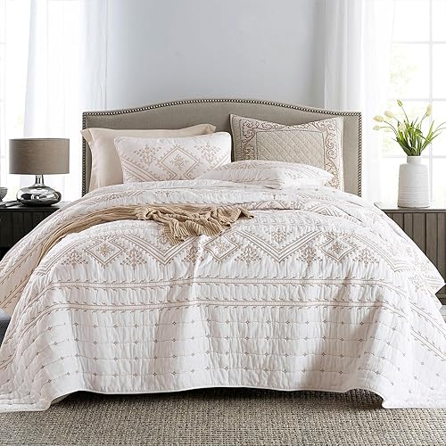 mixinni Juego de edredón de algodón estampado con patrón de bordado blanco, tamaño Queen
