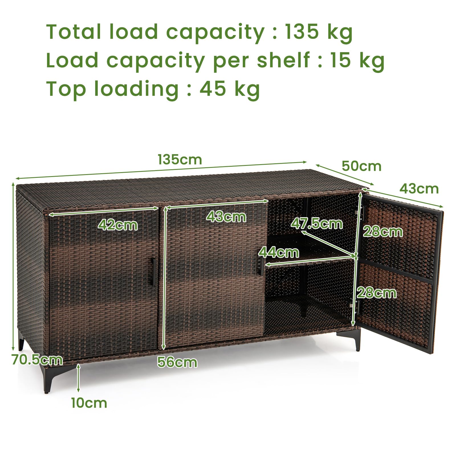 LIFEZEAL 318 L Coffre de Rangement Extérieur en Rotin PE avec 6 Compartiments, Etagères Amovibles, 3 Portes, Grande Boîte Etanche pour Balcon, Intérieur, 135x50x70,5 cm (Marron)