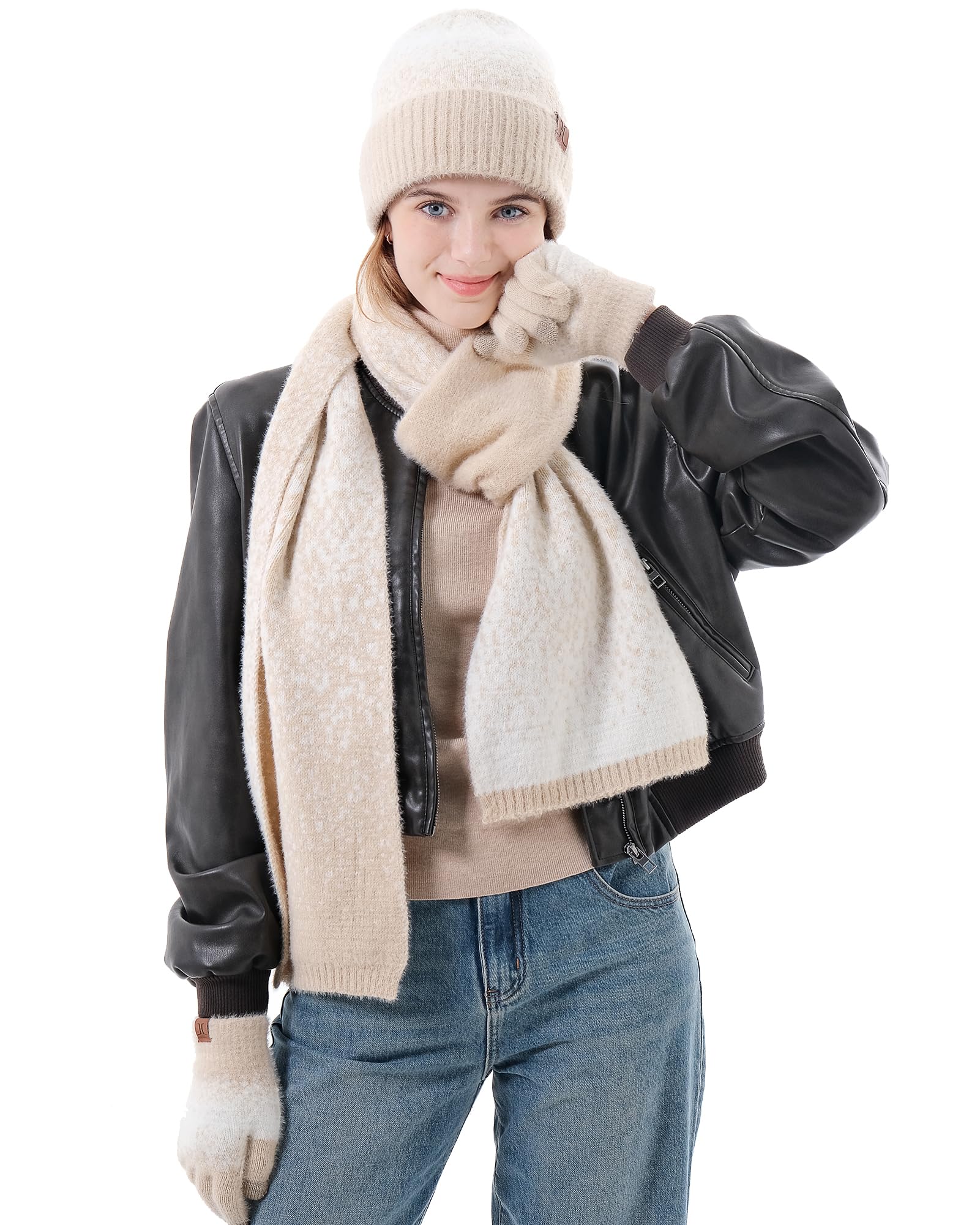 Femme Hiver Tricot Bonnet Chapeau Gants Tactiles Longue Echarpe Ensemble avec Doublure en Polaire Chauffants Skull Casquette Gants Foulards