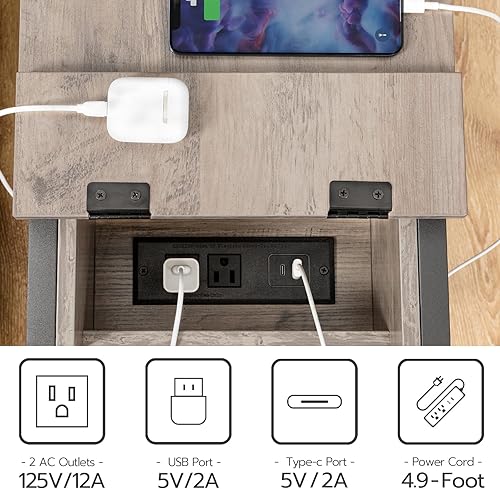 Miniatura 6 de HOOBRO Mesa auxiliar con estación de carga, mesa auxiliar estrecha, mesita de noche pequeña, mesitas de noche con cajón y estantes de