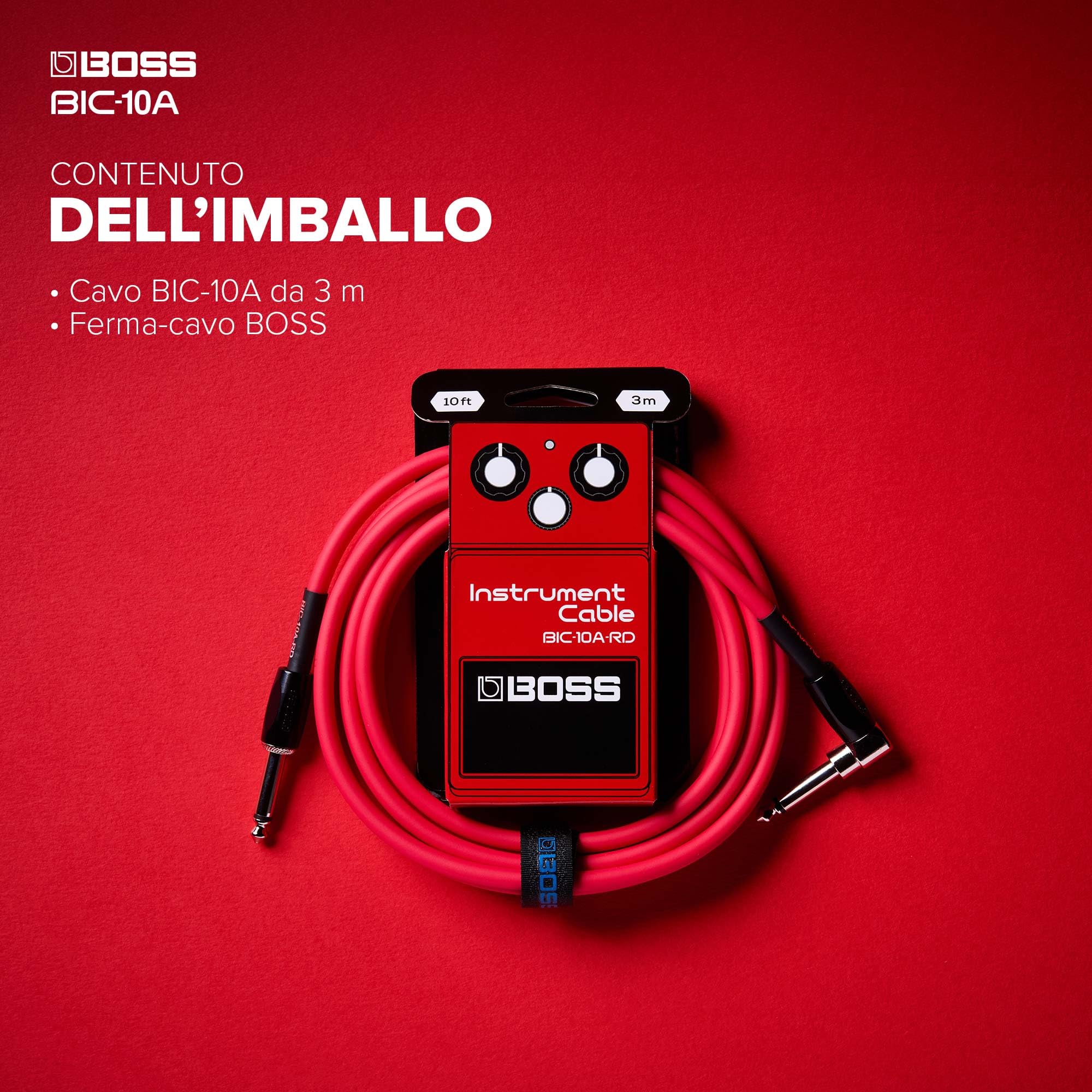 BOSS Serie BIC-10A | Cavo per Strumenti | Connettori da ¼ di pollice Dritto/Angolo Retto | Lunghezza 3 m | Cavi di Alta Qualità per la Chitarra, il Basso e Altro | Robusti e Silenziosi | Rosso