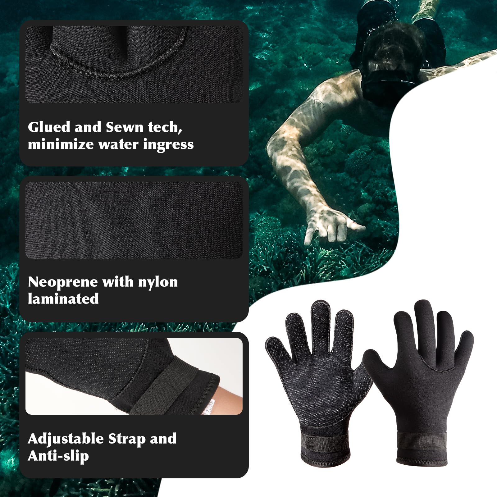 Neoprene Glove, Wetsuit Gloves 3mm with Waist Strap for Scuba Diving Snorkeling Paddling Surfing Kayaking Canoeing Spearfishing Skiing and Water Sports, Wetsuit Glove for Men, Women
