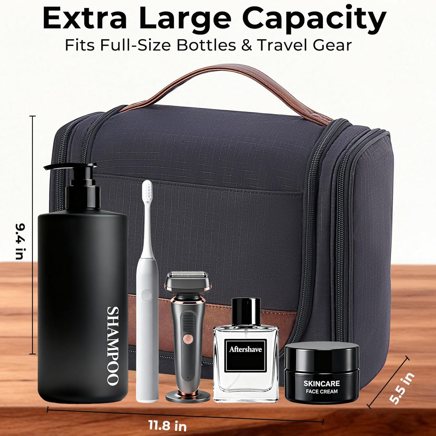 Large Hanging Toiletry Bag for Men, Travel Bathroom Bag with Hook, Hygiene Bag Organizer for Shower, Shaving & Grooming Essentials, Black