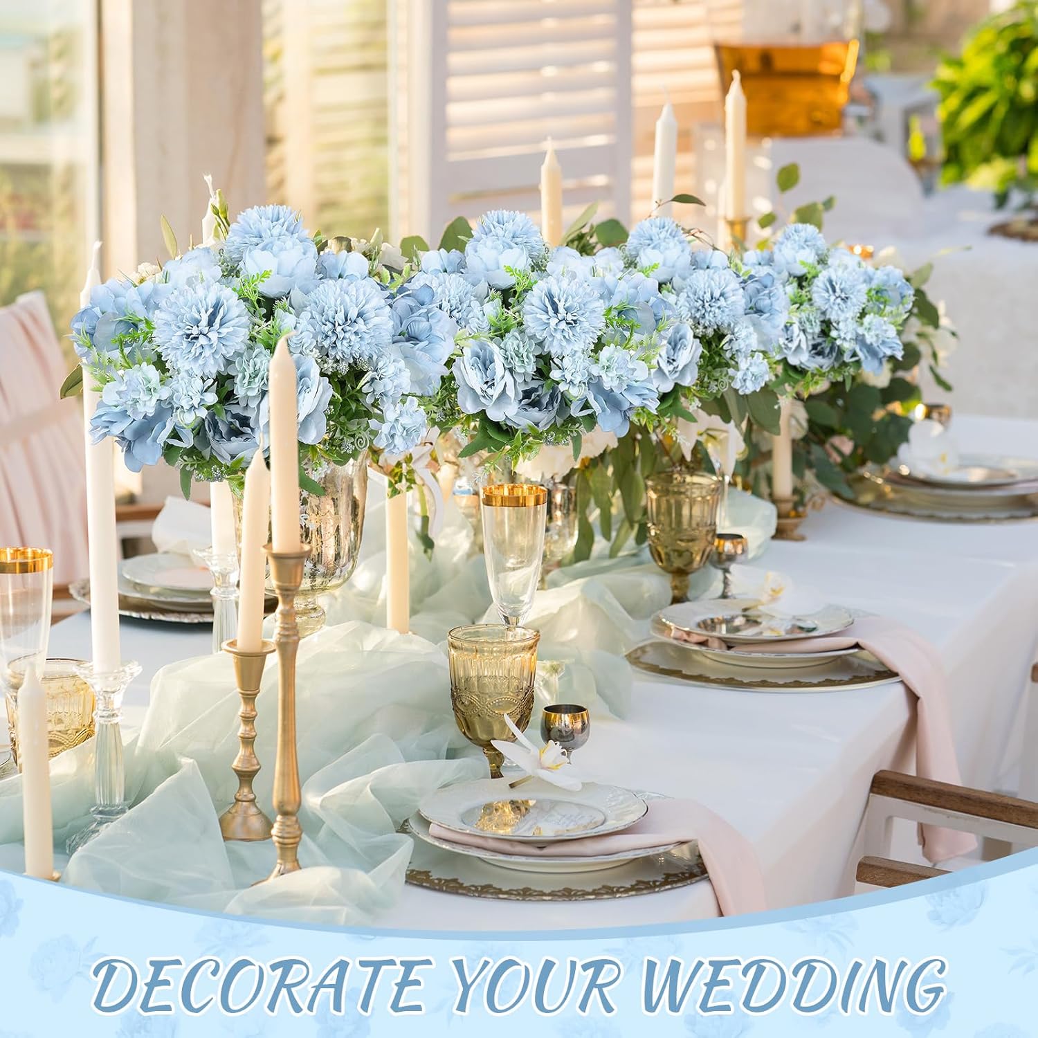 Lyrow 8 Pcs Peony Artificial Flowers Fake Silk Hydrangea Bouquet Elegant Peony Flowers for Wedding Decoration Faux Realistic Floral for Home Party Table Centerpieces Arrangement (Blue) - Image 6