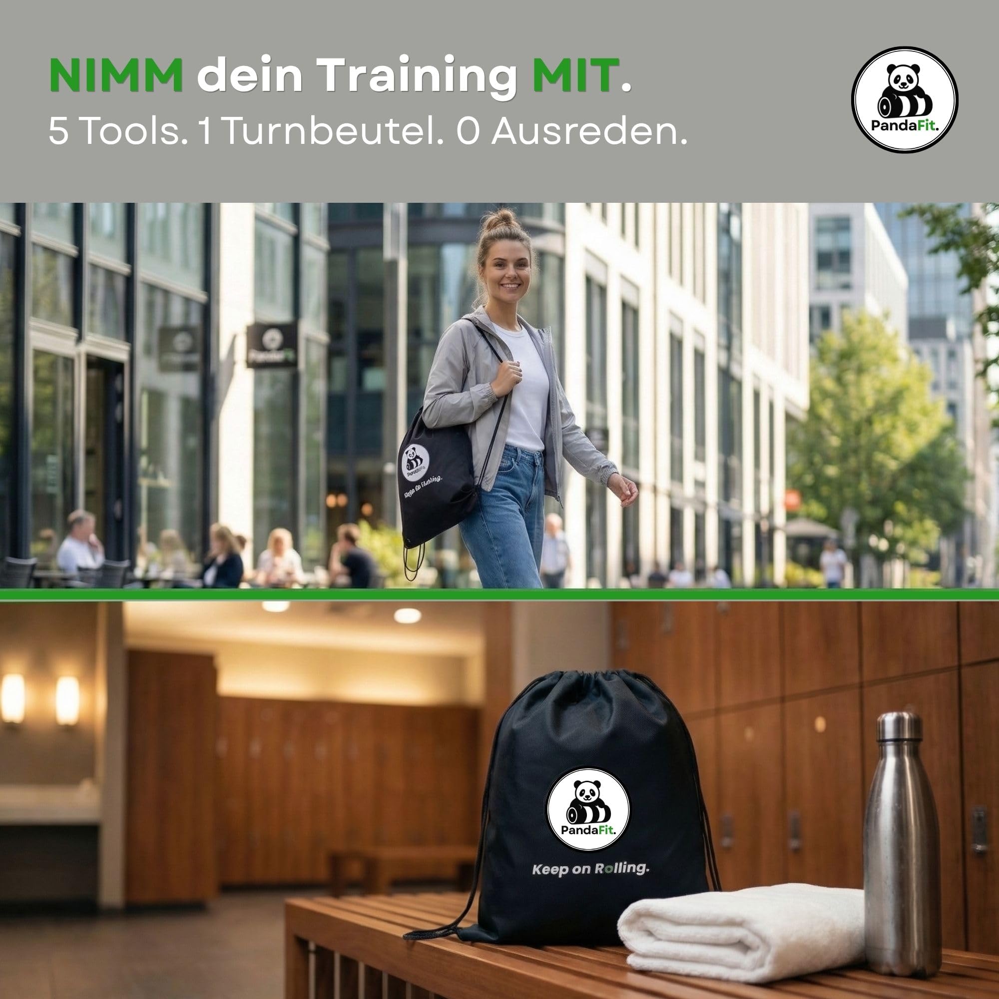 PandaFit Faszienrollen Set 5-teilig mit Turnbeutel, für Rücken und Wirbelsäule, Faszienrolle 30x15 cm, 2 x Duoball, Minirolle, Faszienball, Massage-Set zur Regeneration, EPP Hartschaum