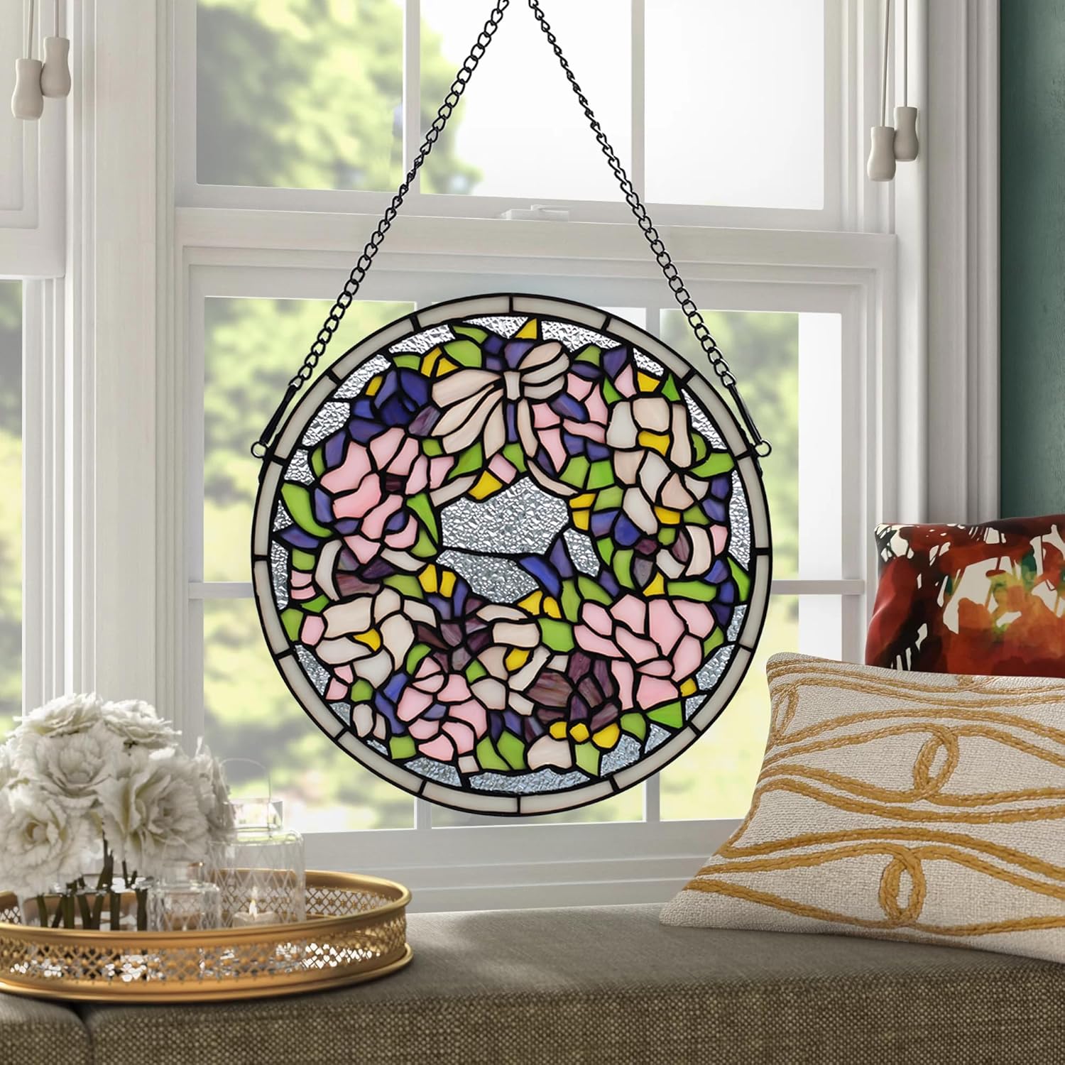 Handcrafted Stained Glass Window Panel - 12-Inch Round Floral Design with Vibrant Colors, Elegant Decorative Hanging Art for Home Décor, Includes 20-Inch Chain & Hook (Blue iris)
