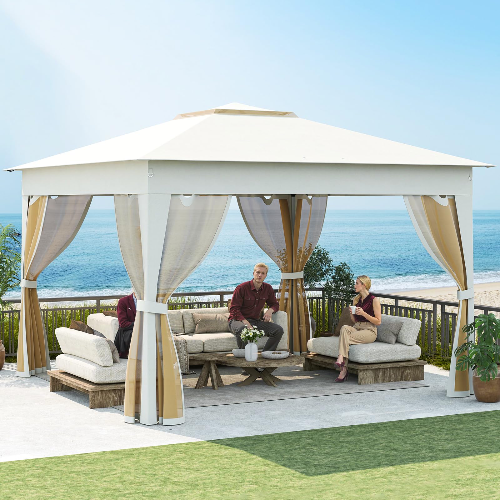 RELAX4LIFE Tonnelle Pliante 3x3 avec Moustiquaires, Toit Ventilé Argenté, Protection Solaire, Sac Inclus, Beige