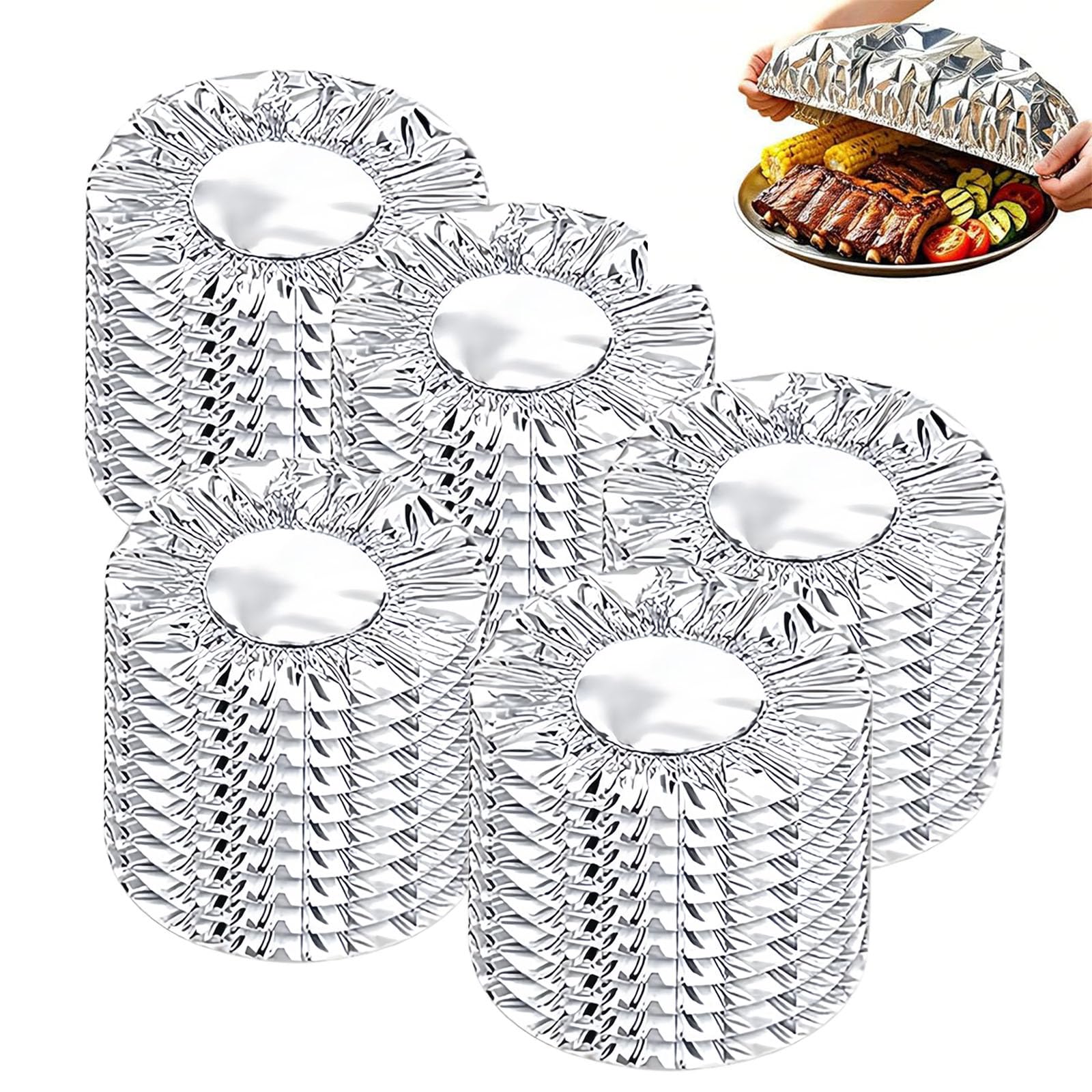 Reusable Aluminum Foil Food Covers, Stretch Elastic Aluminum Foil Covers for Kitchen, Parties, Picnics & Leftovers (50Pcs)