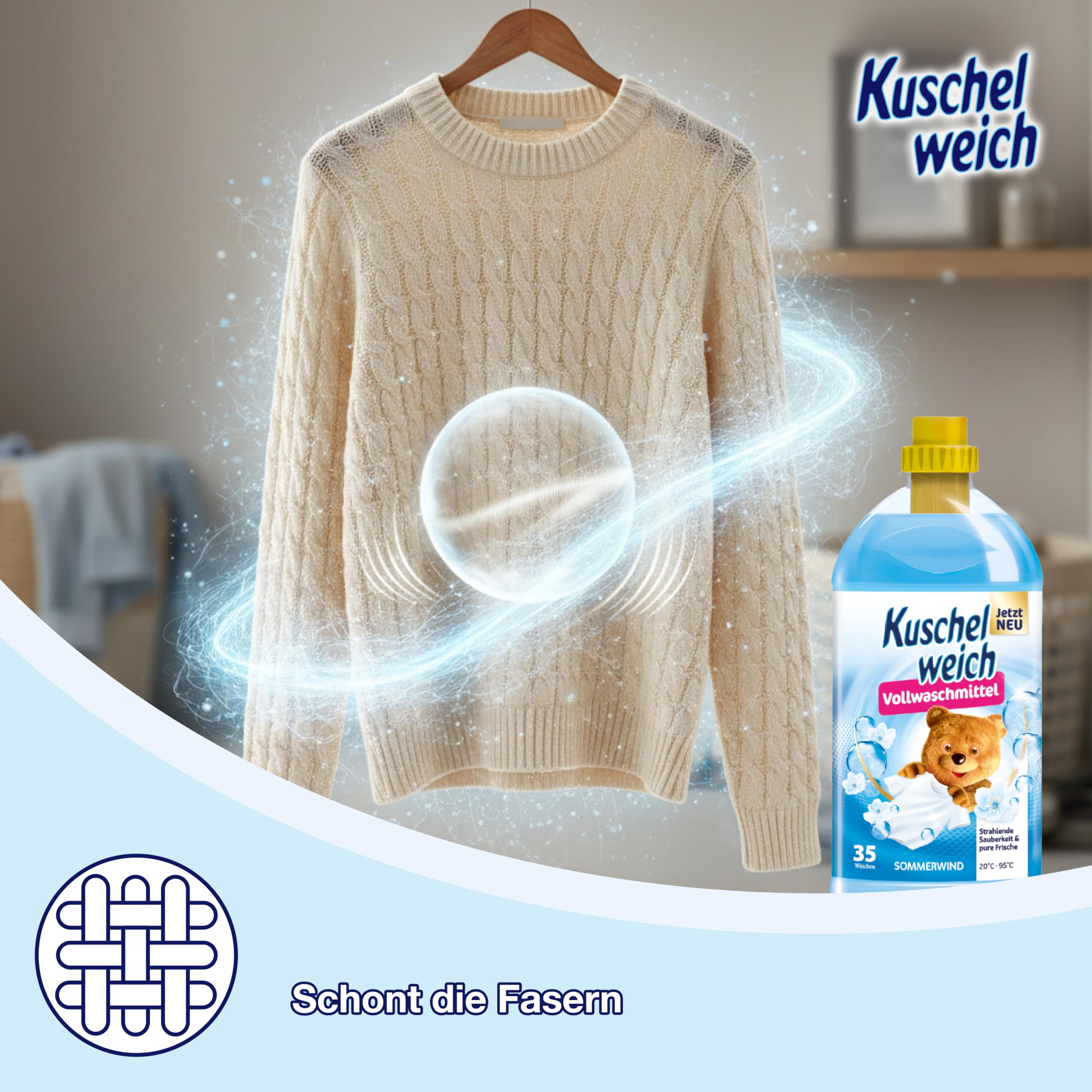 Kuschelweich Detergente completo de viento de verano (XXL: 105 WL) – Detergente líquido para 100 + 5 lavados – Detergente líquido (3 botellas) para ropa blanca