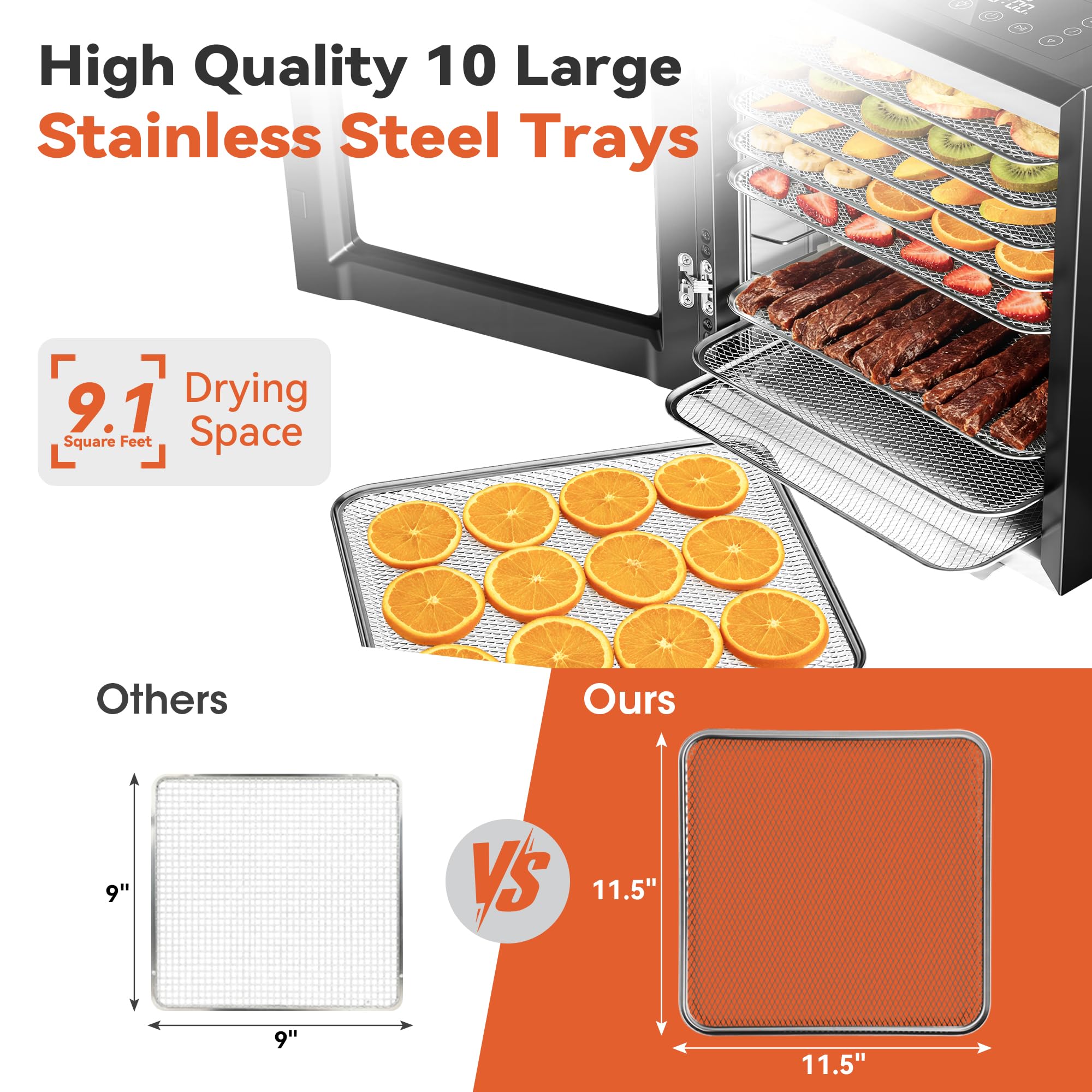 Manastin - Máquina deshidratadora de alimentos, 10 bandejas de acero inoxidable, secadora de 850 W para carne ceca, frutas, verduras, yogur y golosinas para perros, secador deshidratado de 100 a 165 °