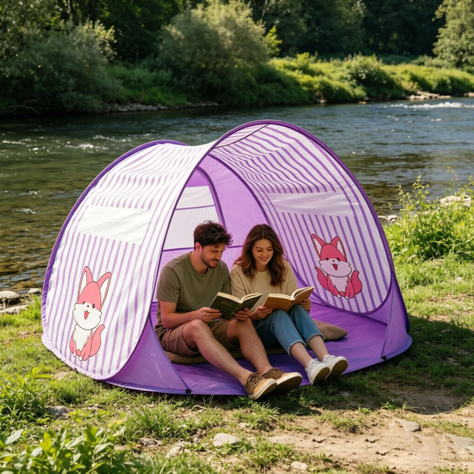 Pop-Up Beach Tent, Beachs Shade Shelter with Ventilating Mesh Window, 2-3 Person Portable Family Camping Tents, UV Protection Beach Tent for Picnic, Family, Beaches, Camping (Purple)
