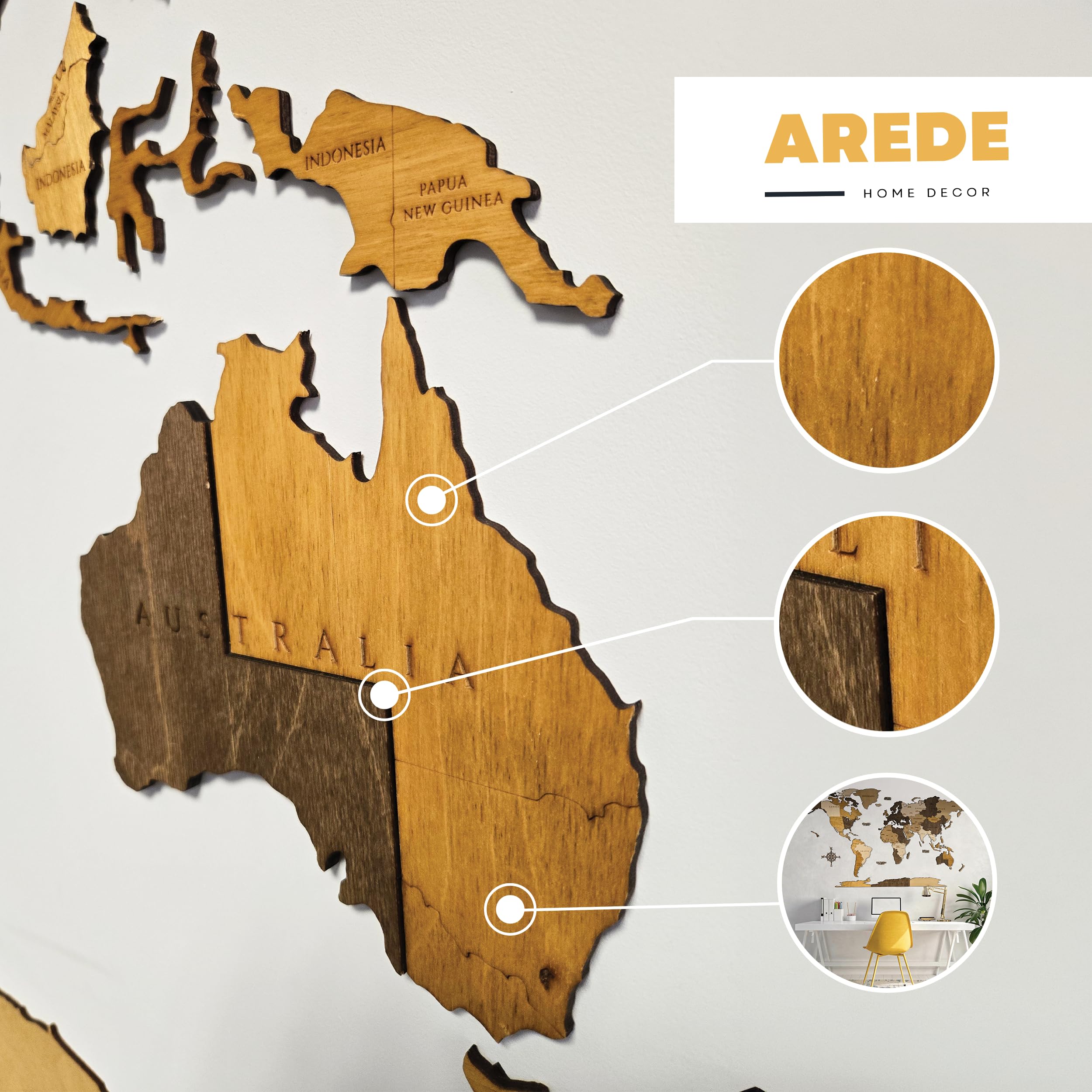 AREDE Drewniana mapa świata 3D (120 x 75 cm), wielowarstwowa, do montażu na ścianie – nowoczesna dekoracja ścienna do salonu, biura, sypialni, oryginalny pomysł na prezent, eleganckie wzornictwo z